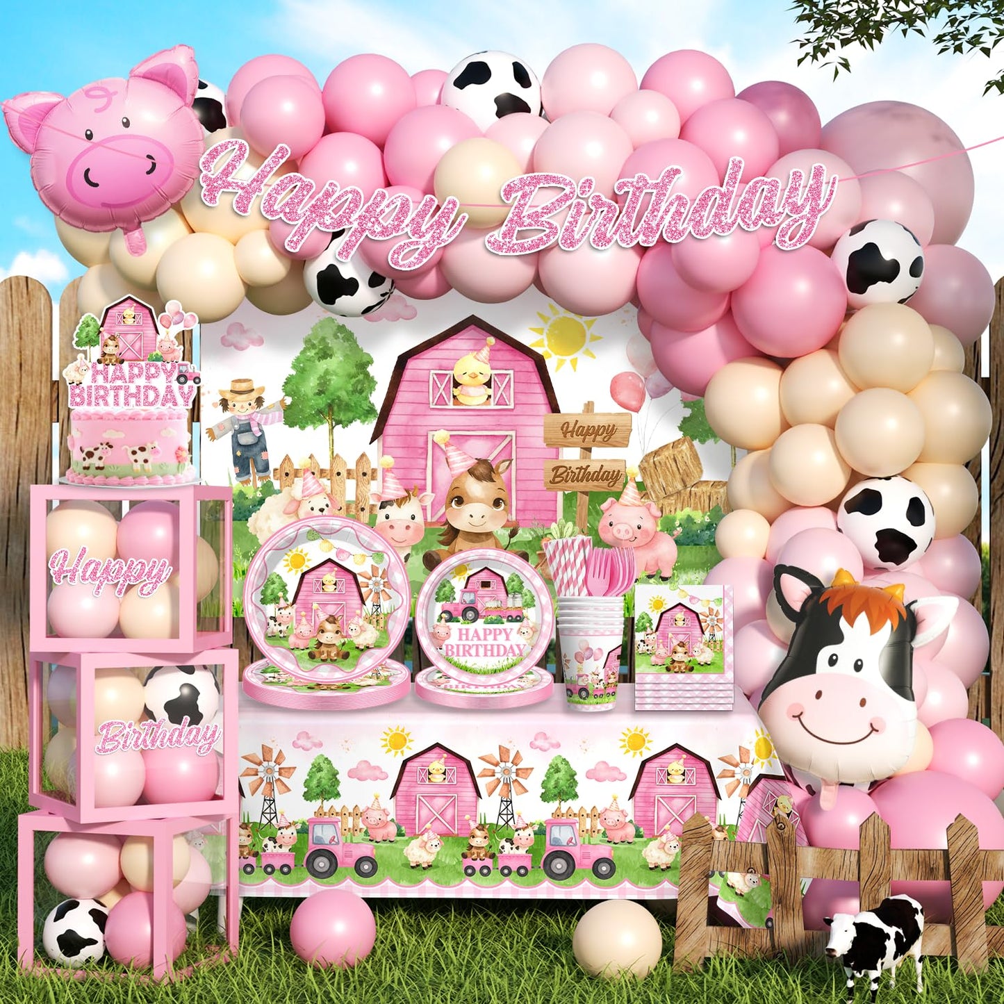 Fexivo 313pcs Farm Birthday Decorations for Girl, Worry-free One-stop Set for 25 Guests, with Thick Plates Banner Centerpieces and Cupcake Toppers, Easy Setup for Farm Themed Party