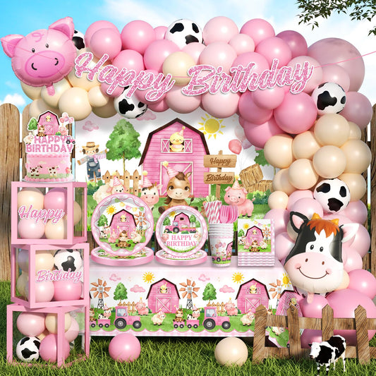Fexivo 313pcs Farm Birthday Decorations for Girl, Worry-free One-stop Set for 25 Guests, with Thick Plates Banner Centerpieces and Cupcake Toppers, Easy Setup for Farm Themed Party