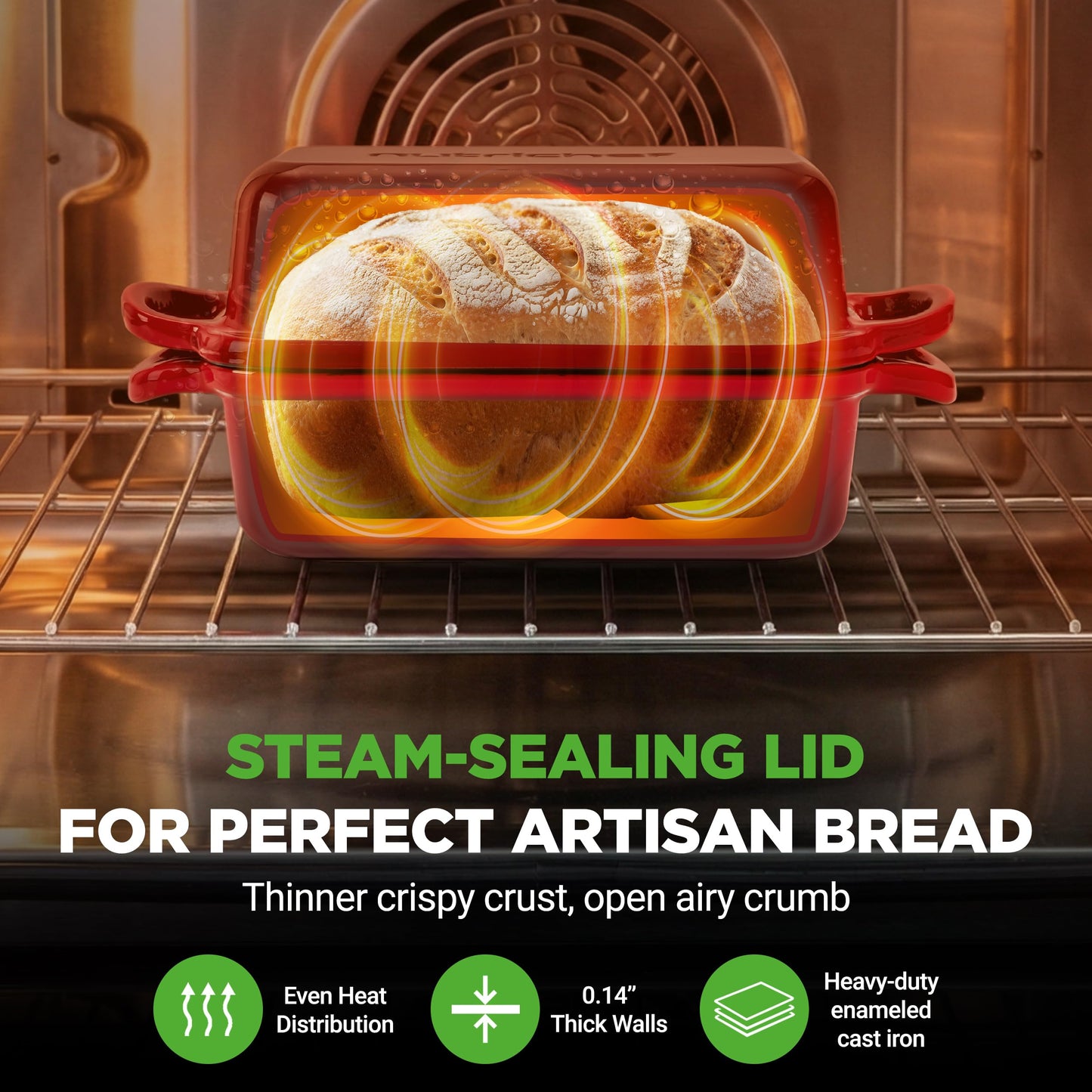 NutriChef 9x5" Enameled Cast Iron Loaf Pan with Lid, Enamel-Coated Baking Loaf Pan for Sourdough, Oven Safe, Nonstick Bread Pan with Silicon Gloves, Dishwasher Safe, Red