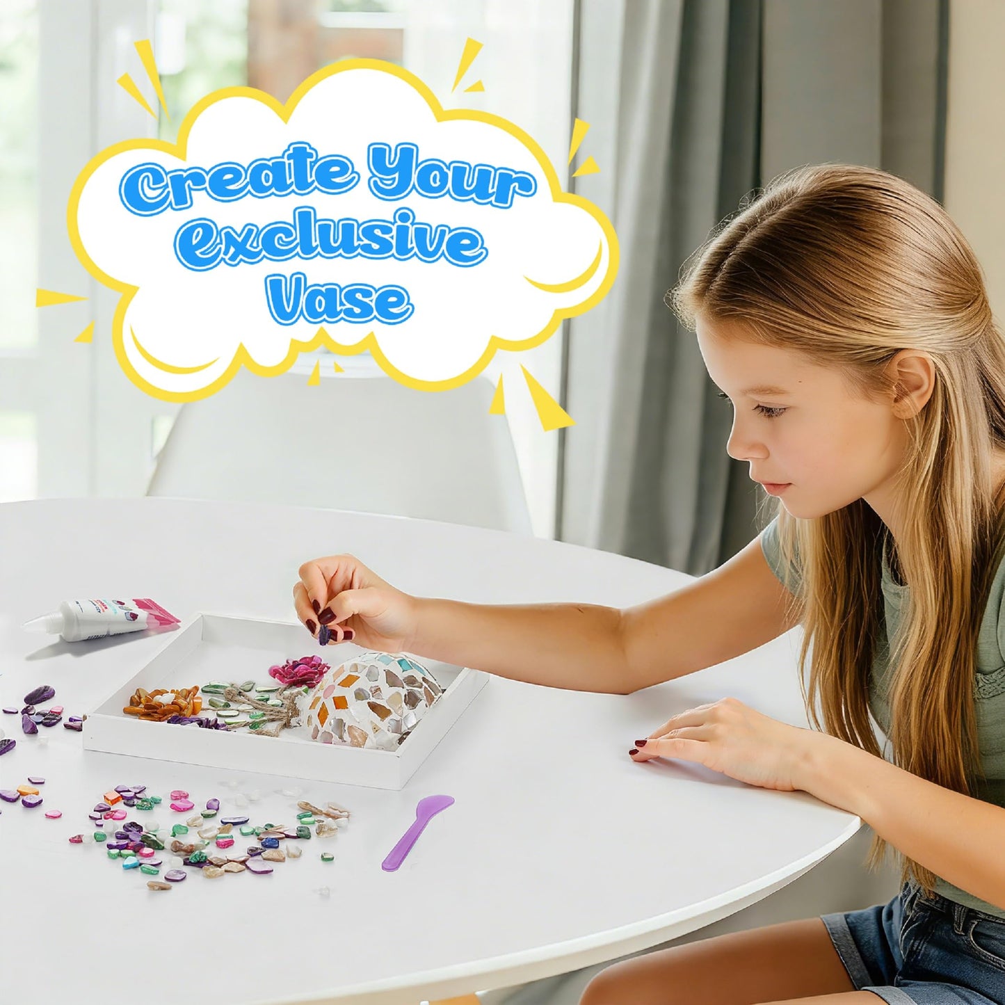 Kssiaz DIY Vase Mosaic Painting Kit, Arts and Crafts With Flower Accessories, Handmade Sticker Gem Art Kit for Christmas Room Decor