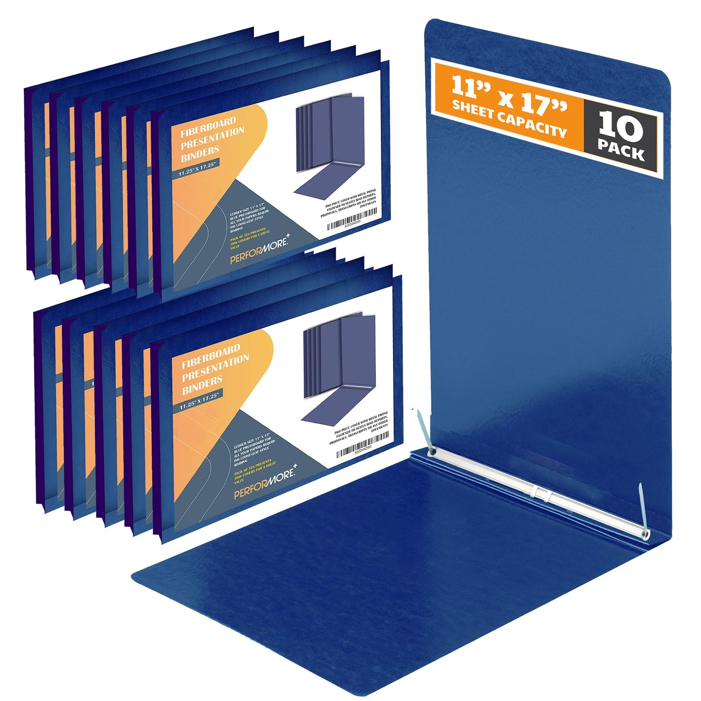 10 Pack of 11”x17” Landscape Pressboard Presentation Binder Folder, Blue Fiberboard Report Cover with 3" Capacity Metal Prong Paper Fastener, Heavy-Duty Document Binder for Reports and Proposals
