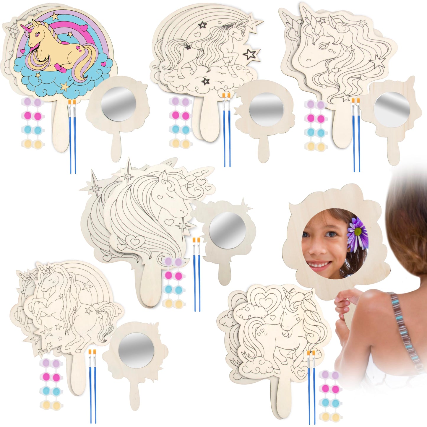 Idiy Paint Your Own Mirror Kids Party Craft Kits(12 Unicorn Friends Wood Mirrors w Paints)-Each Kit Has its Own Brush, Paint, & Project-Fun, Unique Birthday Favors, Classroom School Activity Gift