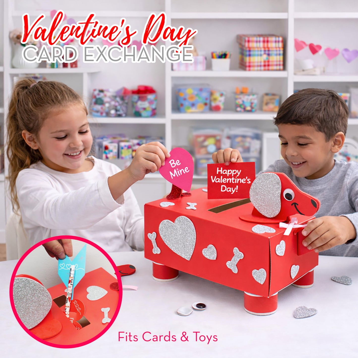 4E's Novelty 2 Pack DIY Valentines Mailbox Craft Valentine's Day Card Exchange Dog Puppy Box for Kids, Mail Box Crafts for Kids Girls Boys - DIY Valentines Card Box