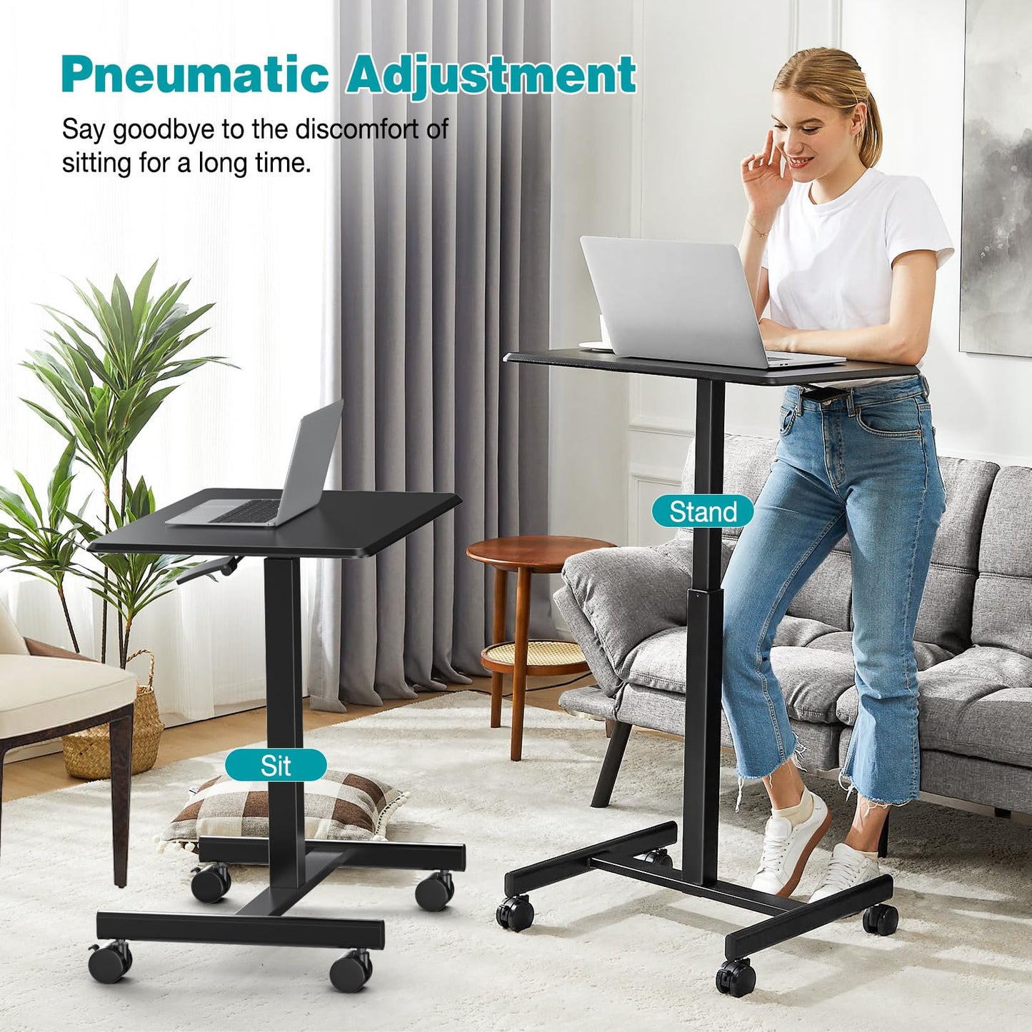 DUMOS Mobile Small Standing Desk, Portable Rolling Laptop Desk with 2 Lockable Wheels, Adjustable Height Computer Workstation for Home Office, 19 Inch Black