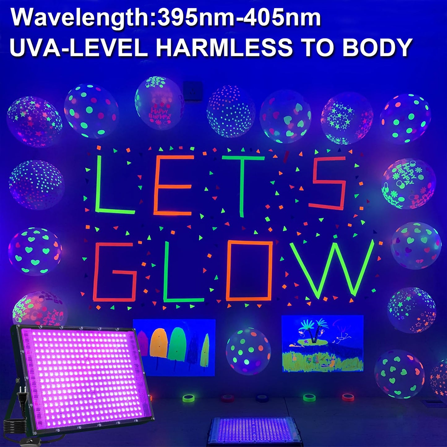 4 Pack 300W Blacklight 336 LEDs, UV Lamp Black Lights for Glow Party, 395nm, IP65 Outdoor Black Light Fixture for Halloween, Glow in The Dark Party, Fluorescent Poster Tapestry, Body Painting