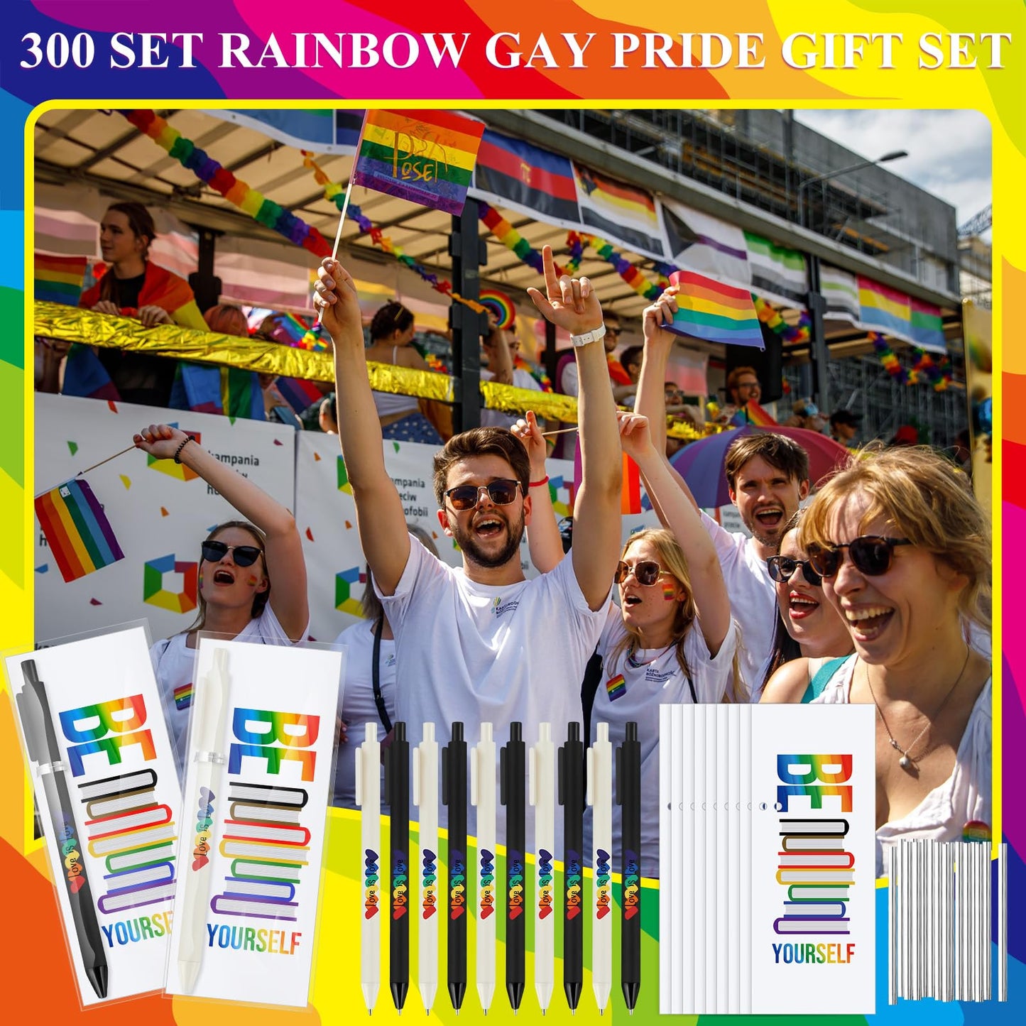 Spakon 300 Sets Rainbow Gay Pride Gift Include Retractable Writing Ballpoint Pen Paper LGBT Greeting Cards OPP Bags for Lesbian Pride Month Love Is Love Anniversaries Women Men Office Supplies