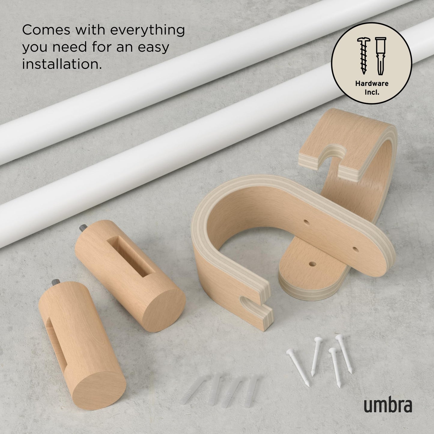Umbra Bellwood Curtain Rod for Window Drapery, Adjustable Length 42" to 120", Set Includes Finials and Mounting Hardware, White/Natural