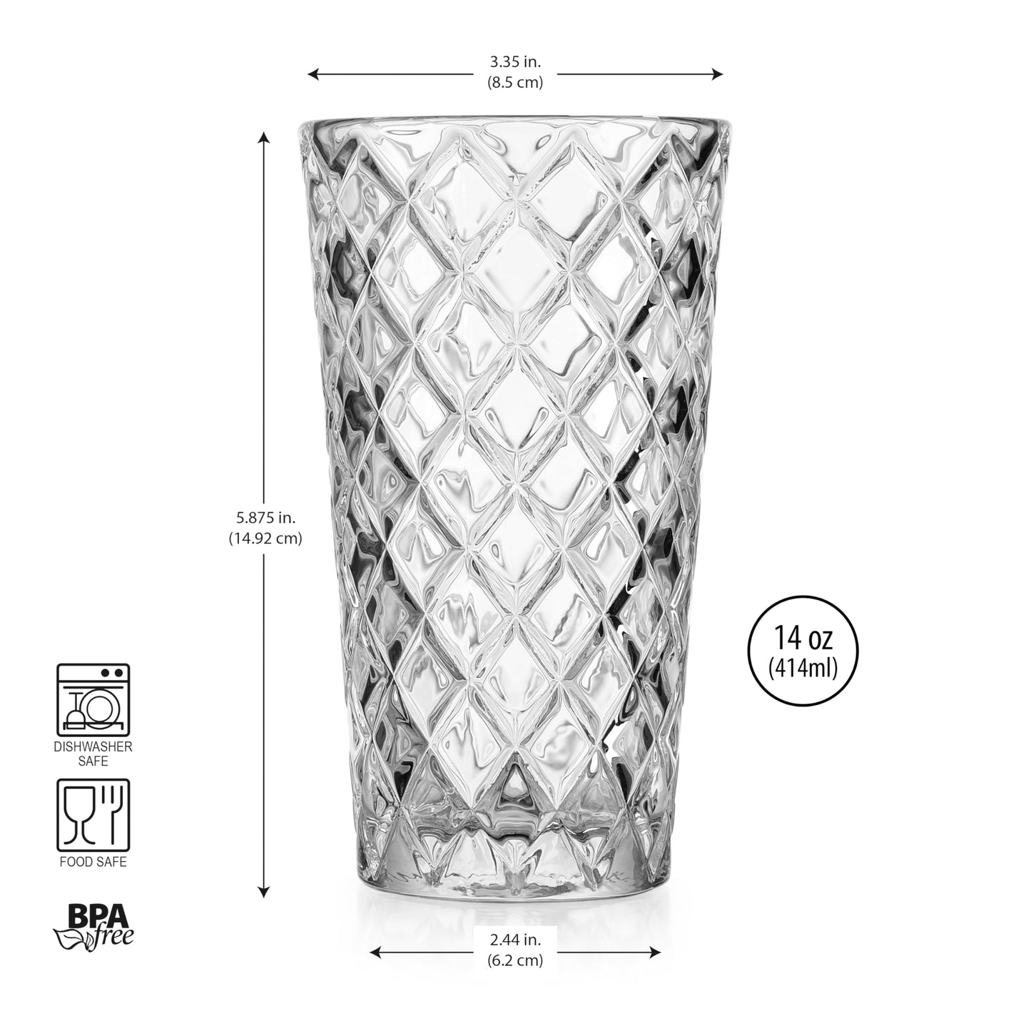 Glaver's Drinking Glasses - Set of 10-14oz. Highball Glass Cups - Dishwasher Safe Cocktail - Diamond Cut Shape - Tall Beer Glasses, Water Glasses, Bar Glass, Wine, Juice, Iced Tea