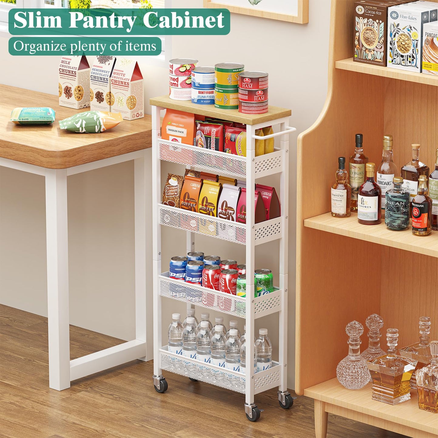 Giwil Slim Storage Cart 5 Tier Narrow Kitchen Rolling Cart on Wheels for Small Space, Metal Utility Cart Narrow Bathroom Storage Cabinet Mobile Shelf Unit Organizer with Wood Top and Handle, White