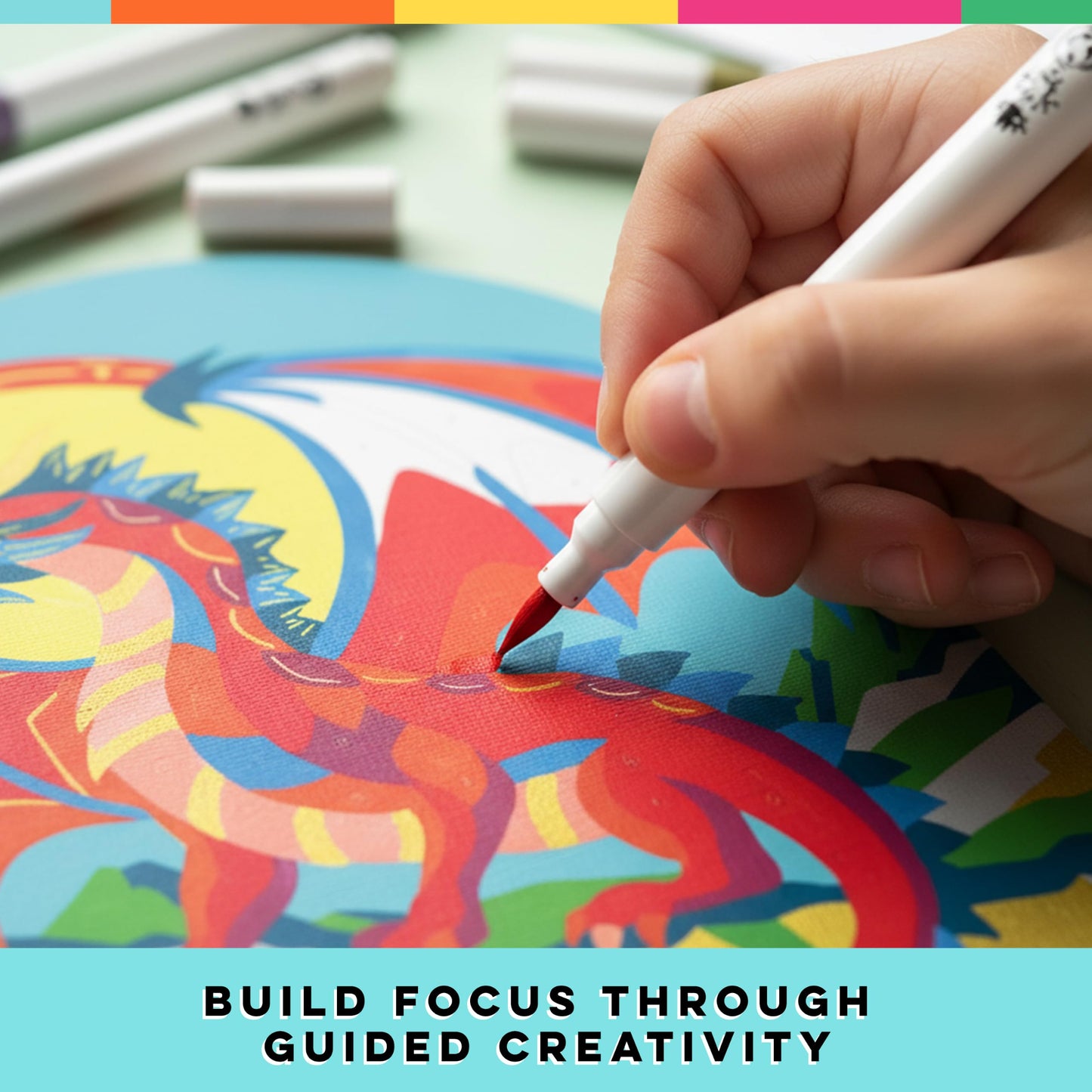 Bright Stripes Marker by Numbers Paint Kit for Kids Ages 8+ | Fierce Dragons Acrylic Paint Marker Set | Includes 3 Shaped Canvas Boards, Gold Marker & Easel Stands