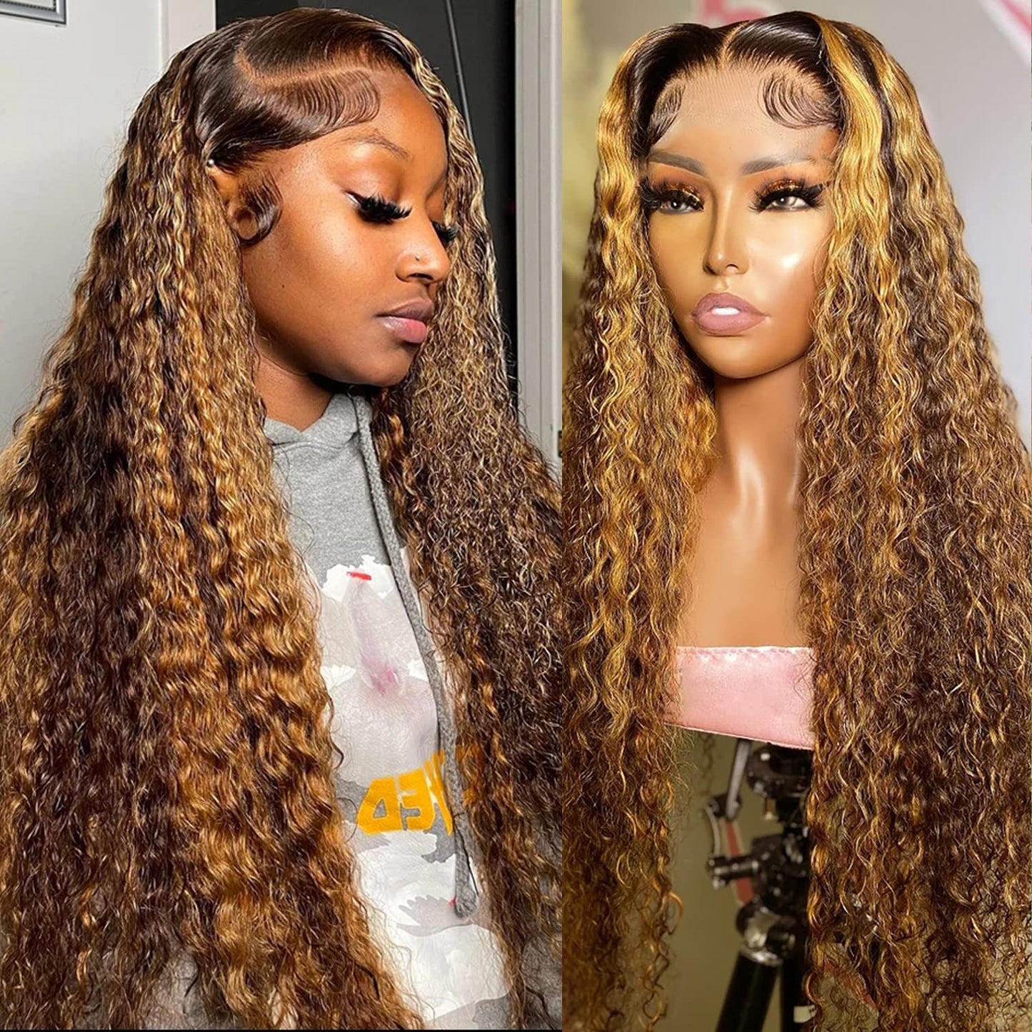 Juvid 13X6 Highlight Deep Wave Lace Front Wig Ombre Honey Blonde 13x6 Curly HD Lace Frontal Wig for Women 180% Density Glueless Jerry Curly Wig Pre Plucked Realistic Looking P4/27 Color 26 Inch