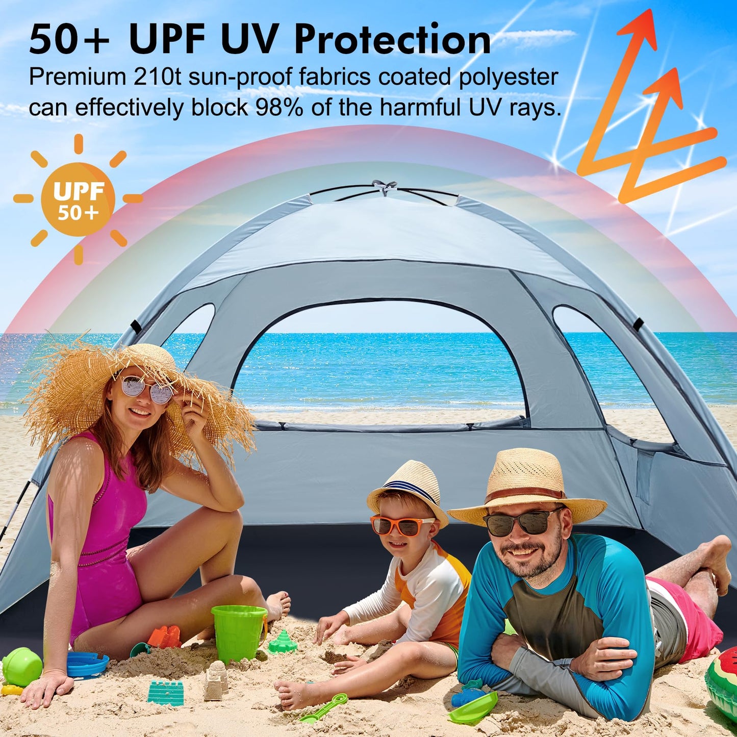 WhiteFang Beach Tent Anti-UV Portable Sun Shade Shelter for 3 Person, Extendable Floor with 3 Ventilating Mesh Windows Plus Carrying Bag, Stakes and Guy Lines (Sierra Blue)