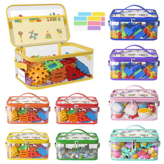 8 Packs Large Toy Storage Bags with Labels, Reusable Clear PVC Board Game Storage, Travel Waterproof Toy Organizer Bags with Name Tag and Manual Pocket for Building (L, XL)