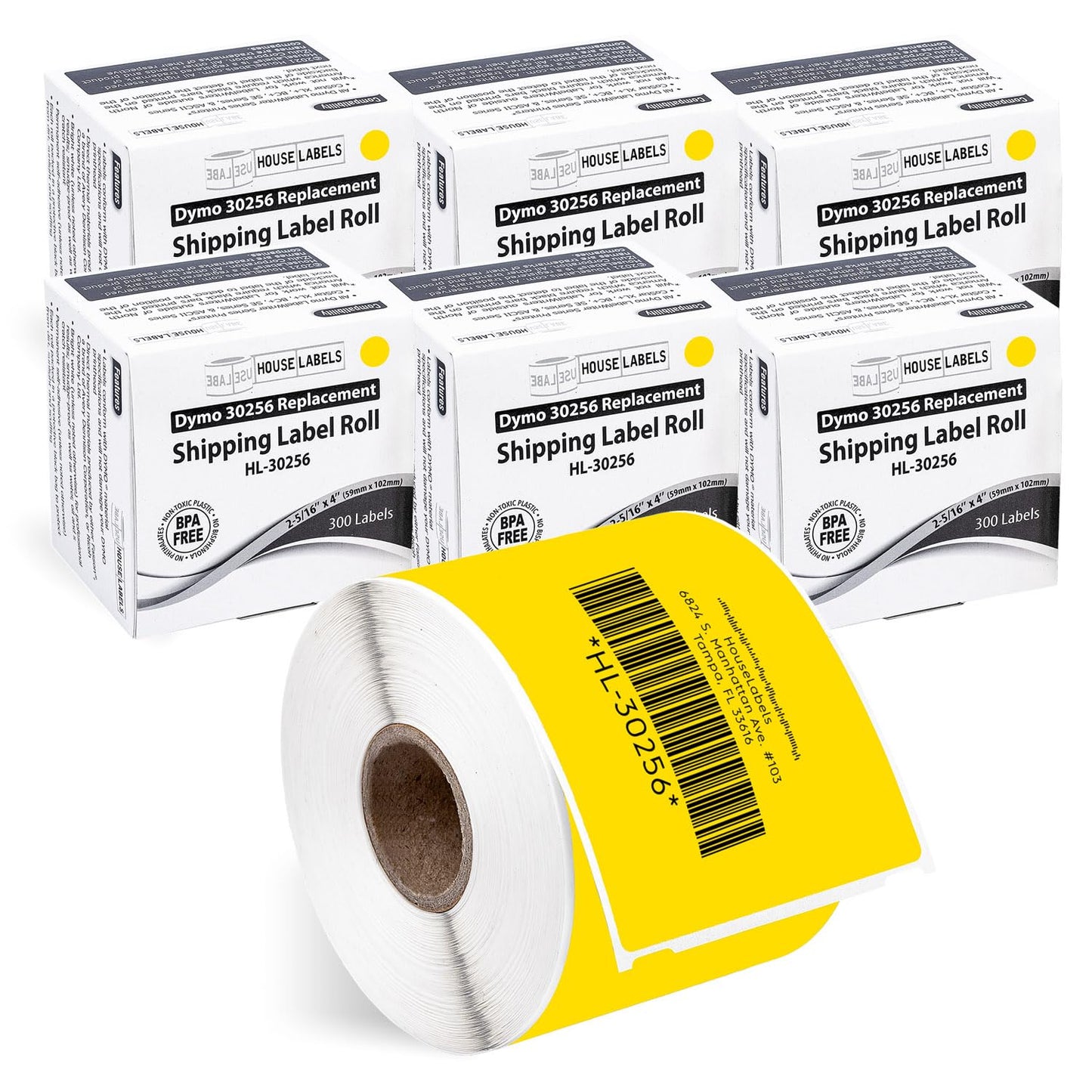 HOUSELABELS Compatible DYMO 30256 Yellow Shipping Labels (2-5/16" x 4"), Strong Permanent Adhesive, Compatible with DYMO LW 450, 4XL, Rollo & Zebra Desktop Printers, 6 Rolls /1800 Labels
