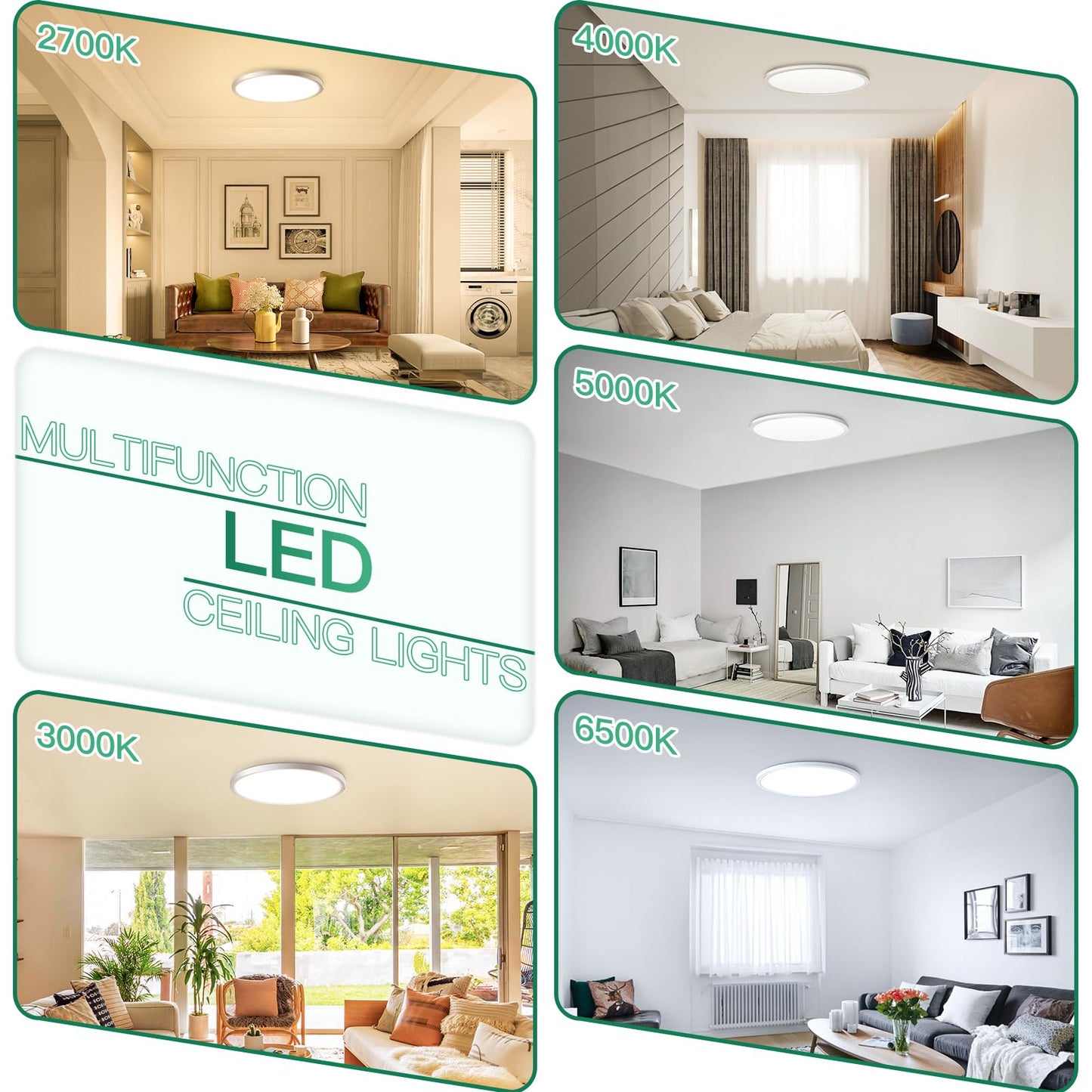 Brightever 12 Inch LED Ceiling Light Flush Mount, 24W 3200LM 0.67 Inch Thickness Close to Ceiling Light Fixtures, 2700K/3000K/4000K/5000K/6500K Color Selectable Light Fixtures Ceiling Mount, 6 Packs