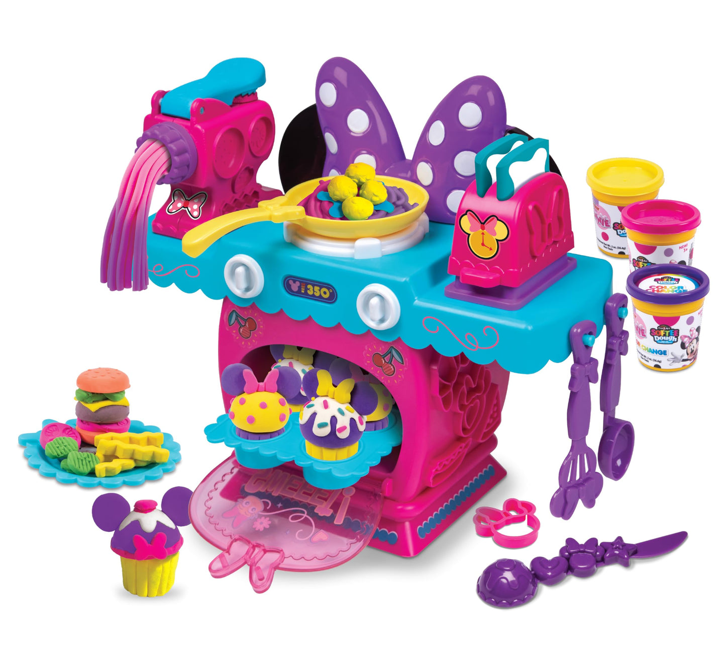 Disney Junior Minnie Mouse Color Change Kitchen by Softee Dough, 10 in 1 Activities Perfect for Ages 3 and Up