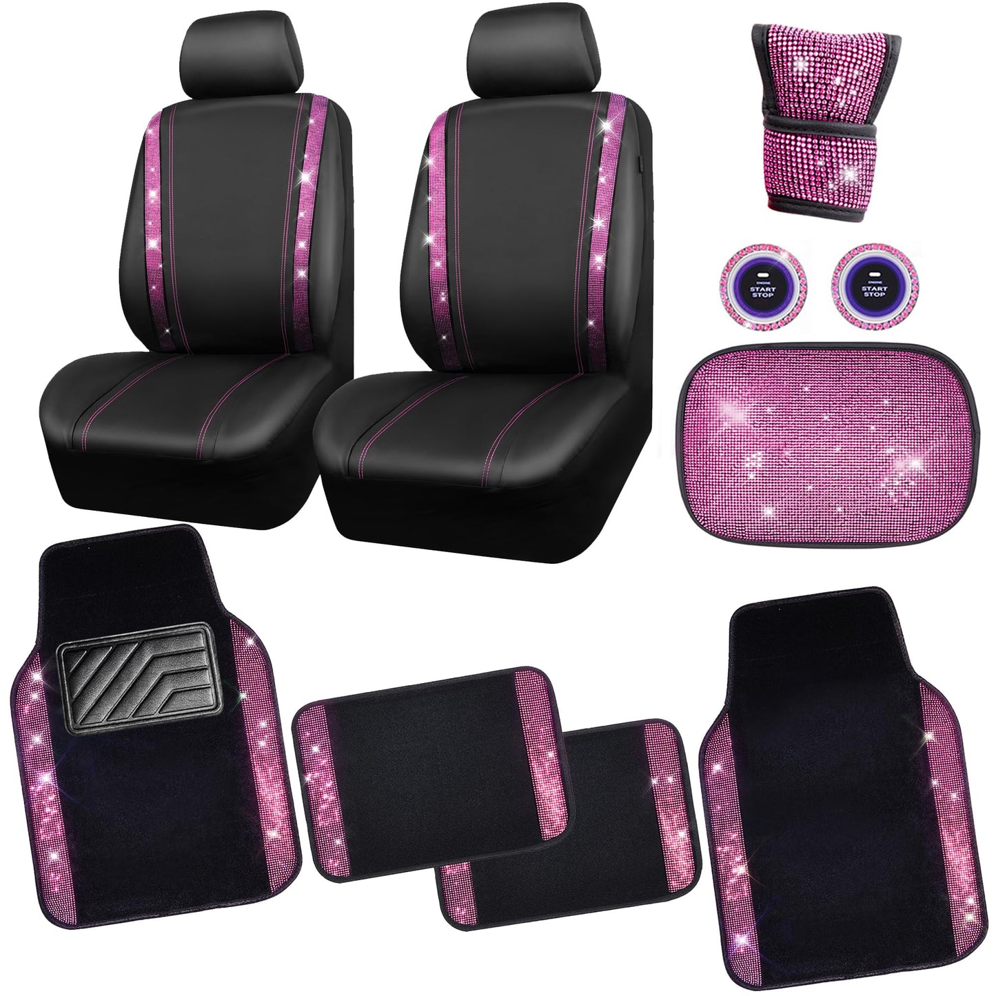 CAR PASS Bling Rhinestone Car Seat Covers Leather Shining Diamond Car Floor Mats Carpet with Anti-Slip Nibs Bling Diamonds Car Accessories Sets Pink Glitter Crystal Diamond Combo Set