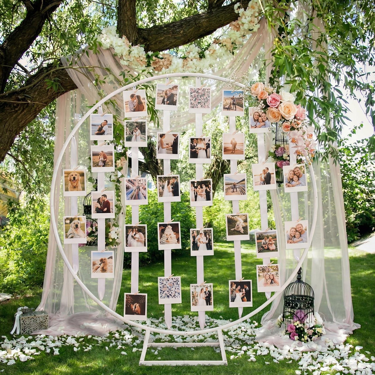 Colingmill 63 Inches White Photo Display Frame Board with Clips Metal Round Photo Display Stand Hanging Pictures Organizer Holder Picture Frame Board for Wedding Graduation Greeting Card