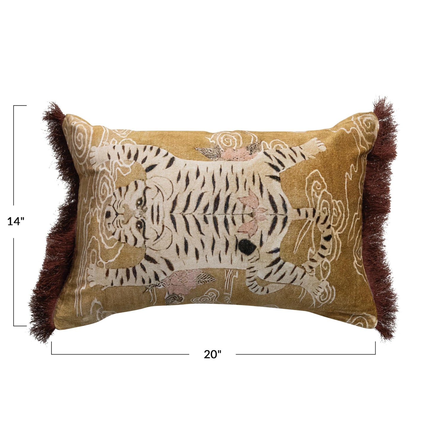Creative Co-Op Tibetan Tiger Print Fringe Cotton Velvet Lumbar Pillow, Multicolor Finish