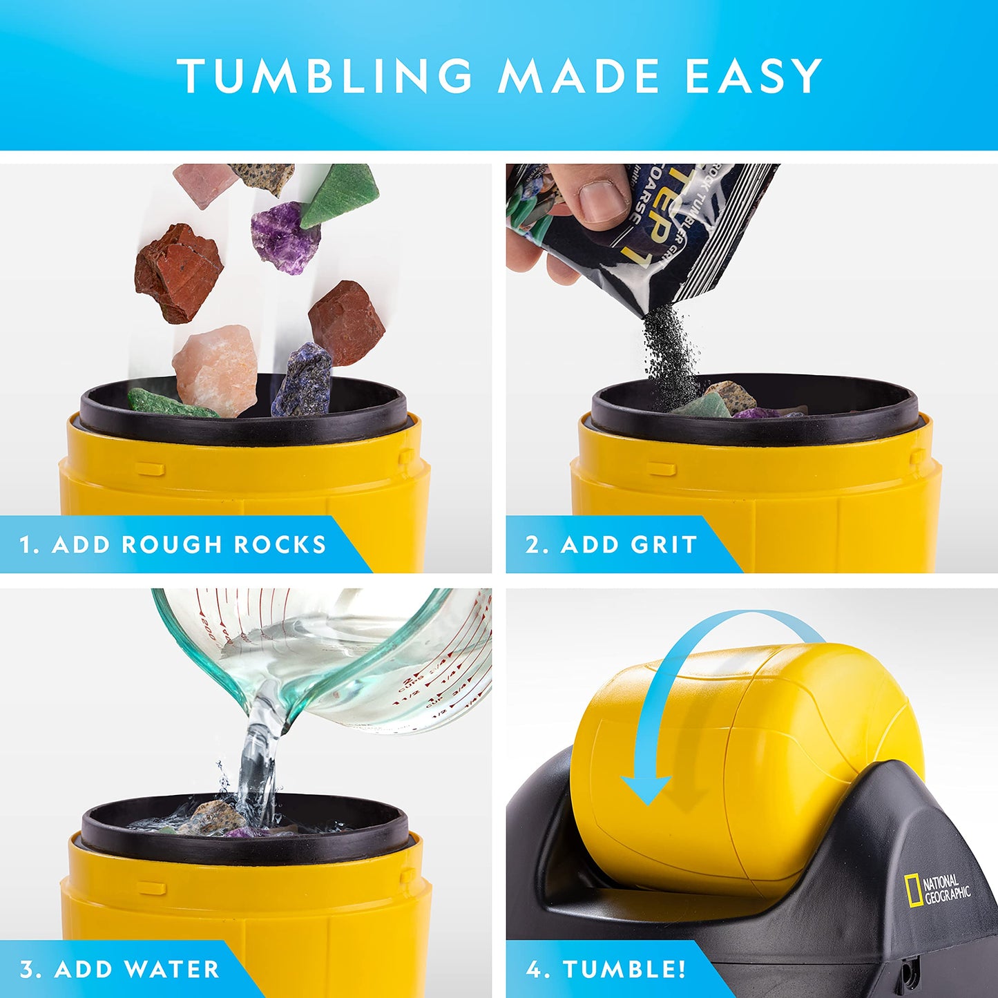 NATIONAL GEOGRAPHIC Starter Rock Tumbler Kit - Includes Rough Gemstones, 4-Stage Silicon Carbide Polishing Grit, Jewellery Fastenings & Learning Guide - STEM Science Kit for Geology Enthusiasts