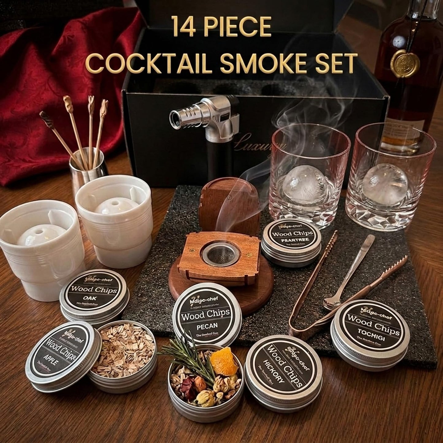 Yodel Whiskey Smoker Kit with Torch – Old Fashioned Cocktail Smoker Set with 6 Wood Chip Flavors, 2 Whiskey Glasses & 2 Ice Ball Molds – Gifts for Men, Dad, Husband & Him