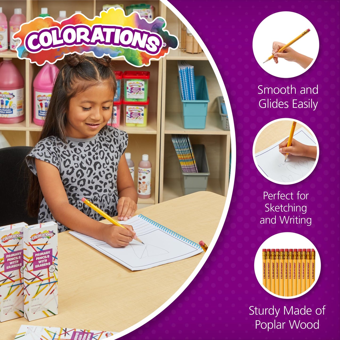 Colorations Primary Pencils W/Erasers, 24 Packs, Sustainable, Graphite (Item # CPPWE24)