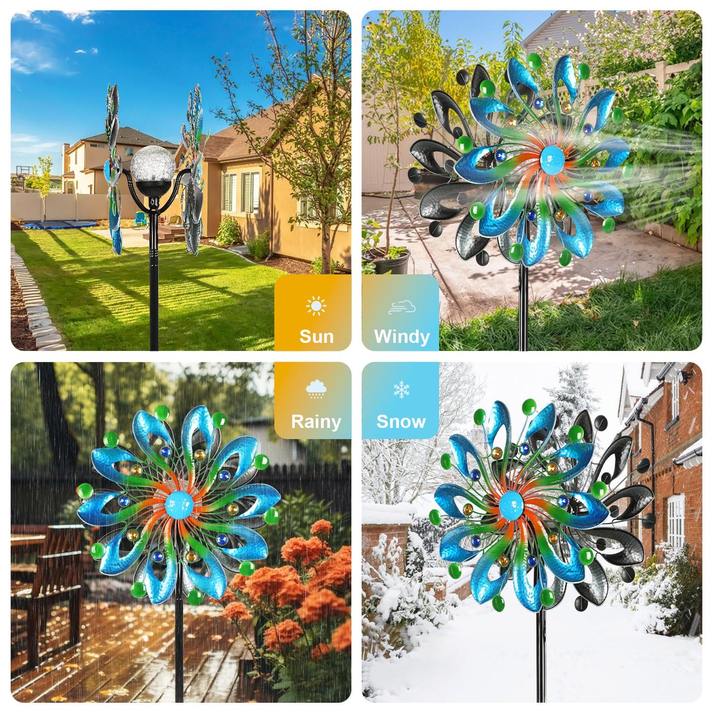 MLKNK Wind Spinners for Yard and Garden - Wind Sculptures & Spinners, 75 Inch, Navy Blue, Kinetic Art with Solar Powered Multi-Color Glass Ball Light