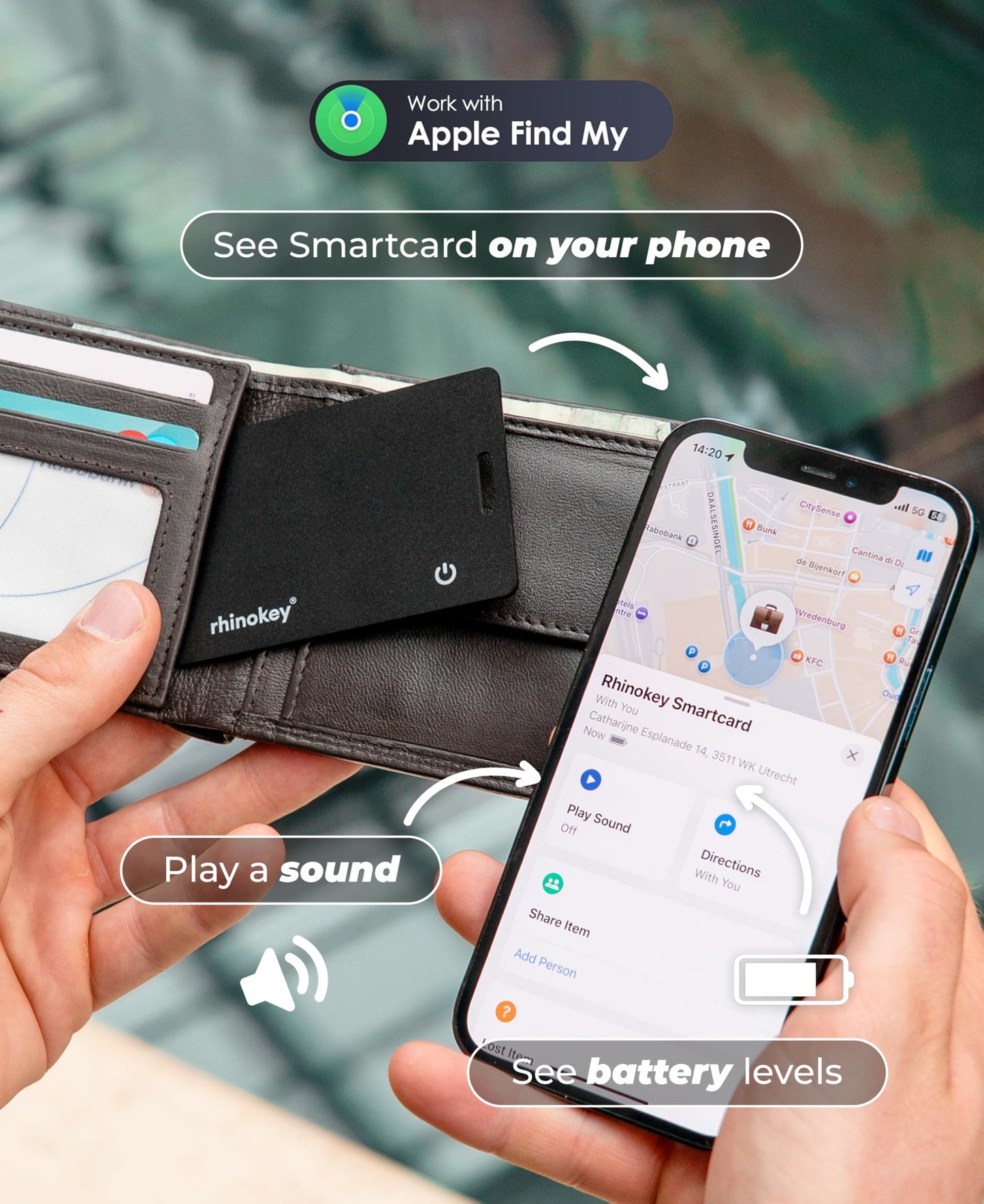 Rhinokey Apple MFi Certified Wallet Tracker Card Works with Apple Find My (iOS Only) Slim 0.07in Rechargeable IP68 Waterproof Tracker Item Finder AirTag Card with Keychain Hole Mens Valentines Gifts