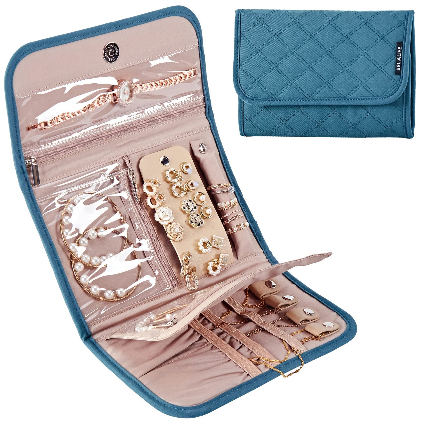 BELALIFE Travel Jewelry Case Organizer, Foldable Storage Roll for Earrings, Necklaces, Rings, Bracelets, Brooches, Lake-Blue