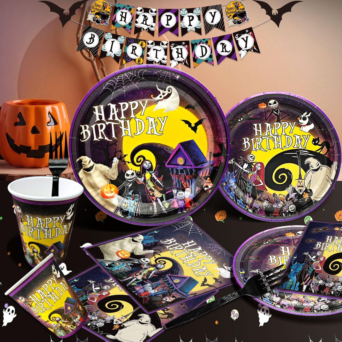 160Pcs Night Before Christmas Birthday Decorations Night Before Christmas Party Supplies Halloween Birthday Banner Jack Skellington Decorations Tableware for Halloween Party Decor