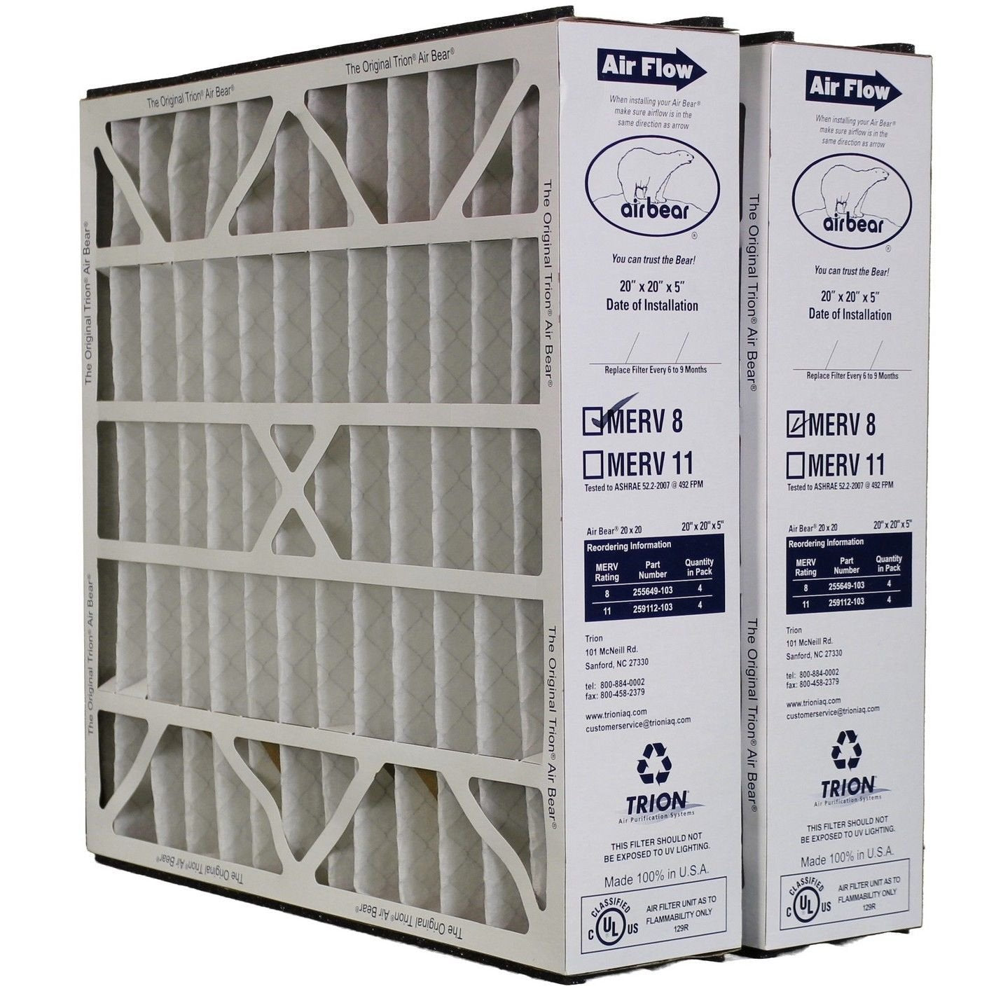 Trion Air Bear 255649-103 (2 Pack) Pleated Furnace Air Filter 20"x20"X5" MERV 8