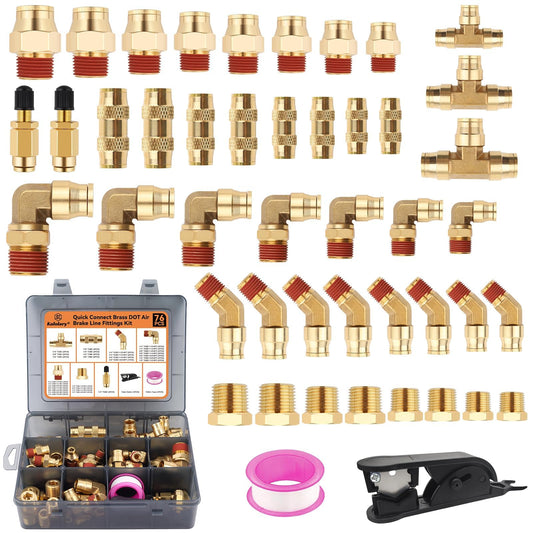 76PCS Quick Connect Brass DOT Air Line Fitting Kit, Kalolary Brass Hose Fittings 1/4" 3/8" 1/2" 1/8" Brake Line Repair Kit Push To Connect Fittings with NPT Threads Air Hose for Workshop Car