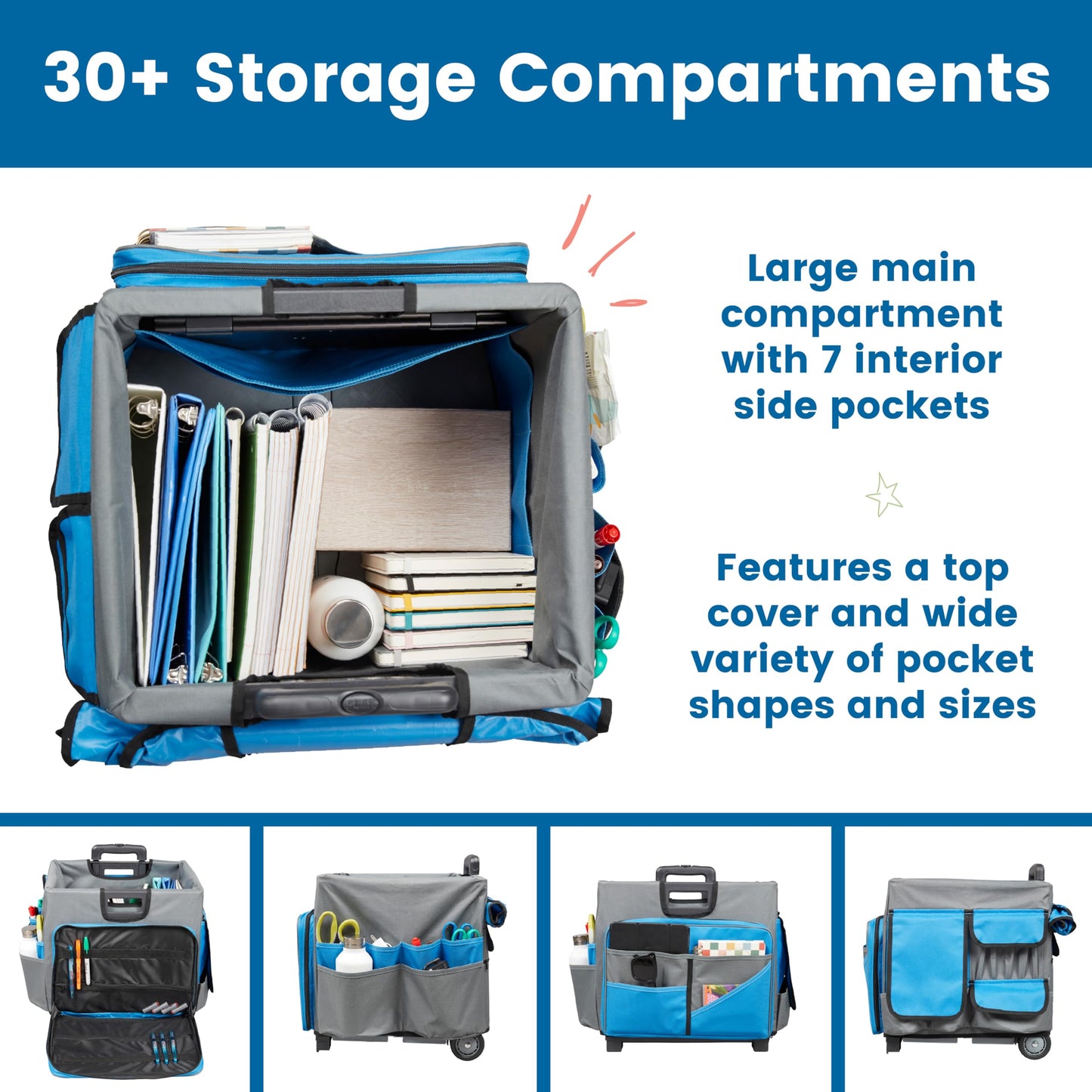 ECR4Kids Universal Rolling Cart with Canvas Organizer Bag, Mobile Storage, Blue/Grey