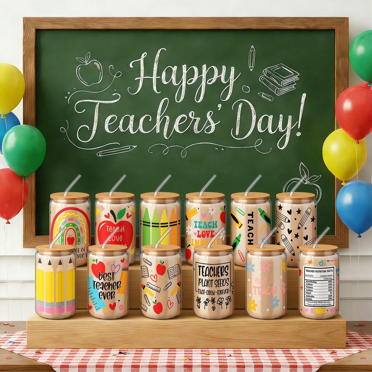 Yetene 12 Sets End of Year Teacher Gifts Bulk 2026 Teacher Appreciation Glass Cup with Lid and Straw 16 oz Apple Crayon Pencil Iced Coffee Tumbler Thank You Gifts for Daycare Preschool Graduation