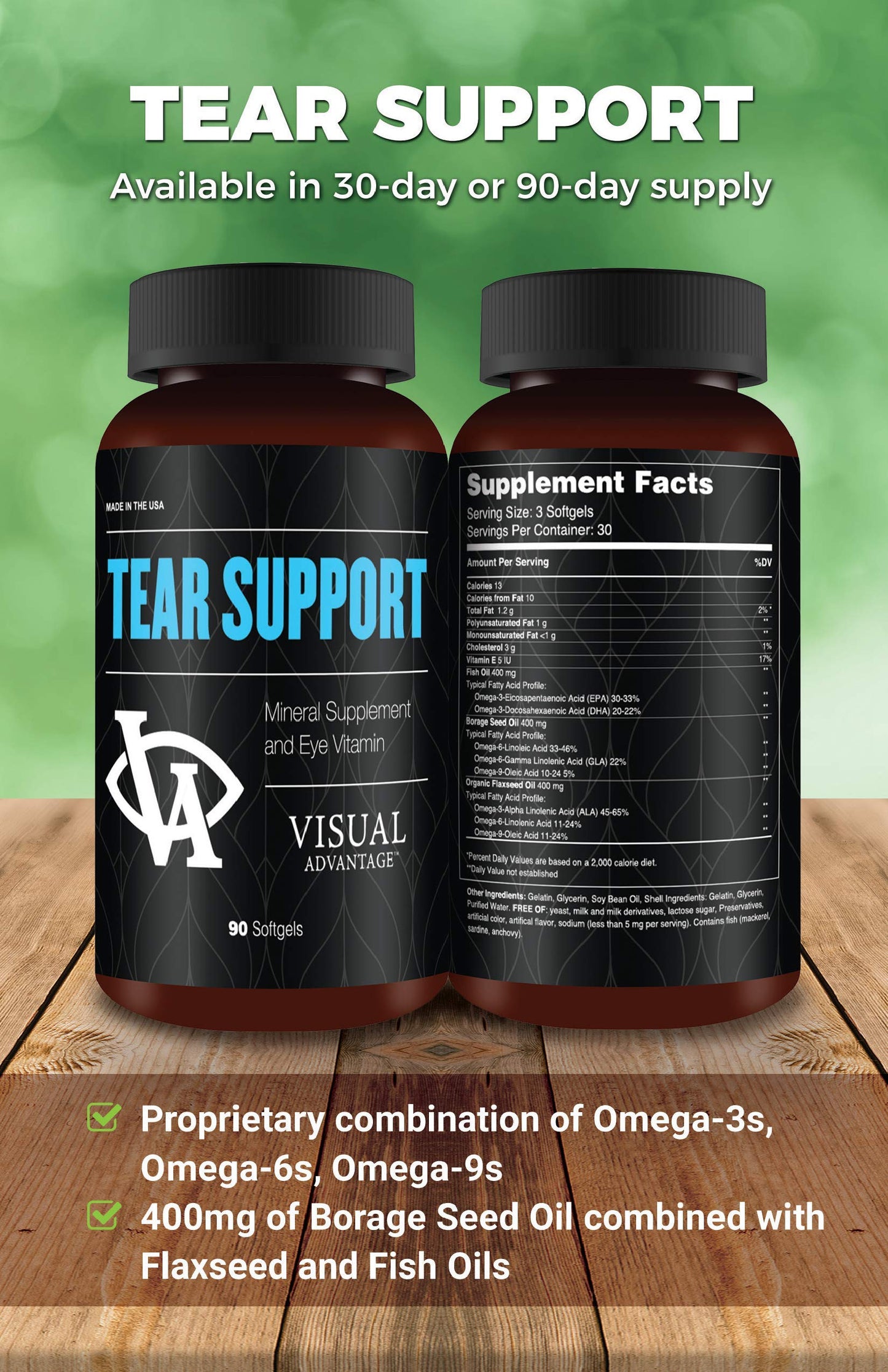 Visual Advantage Tear Support Eye Vitamins - for Dry Eyes - 3 Month Supply
