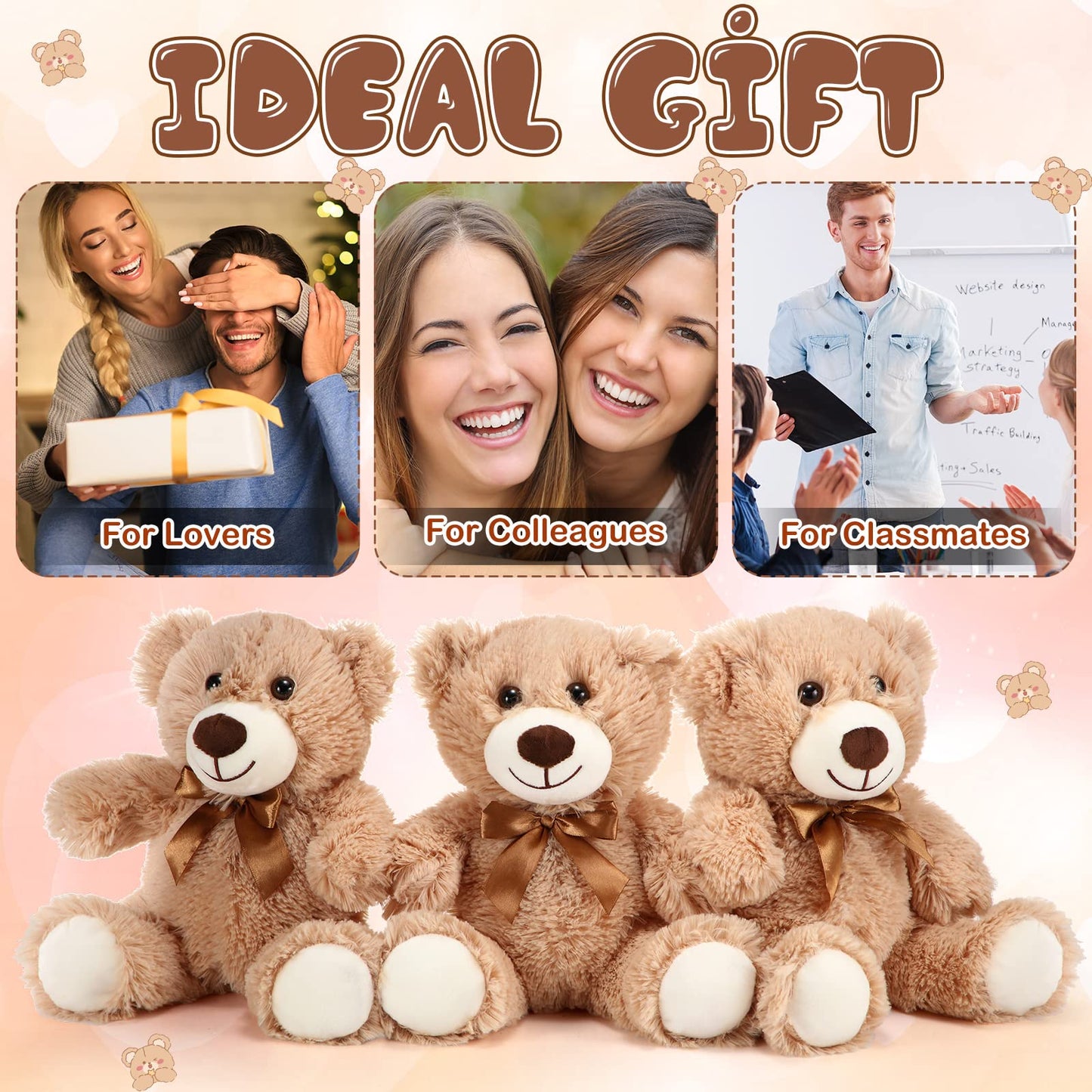 HyDren 12 Pieces Valentine‘s Day Bears Stuffed Animals Soft Plush Toy Bears for Birthday Party Easter Wedding Baby Shower Christian Charity Donation Supplies(Light Brown)