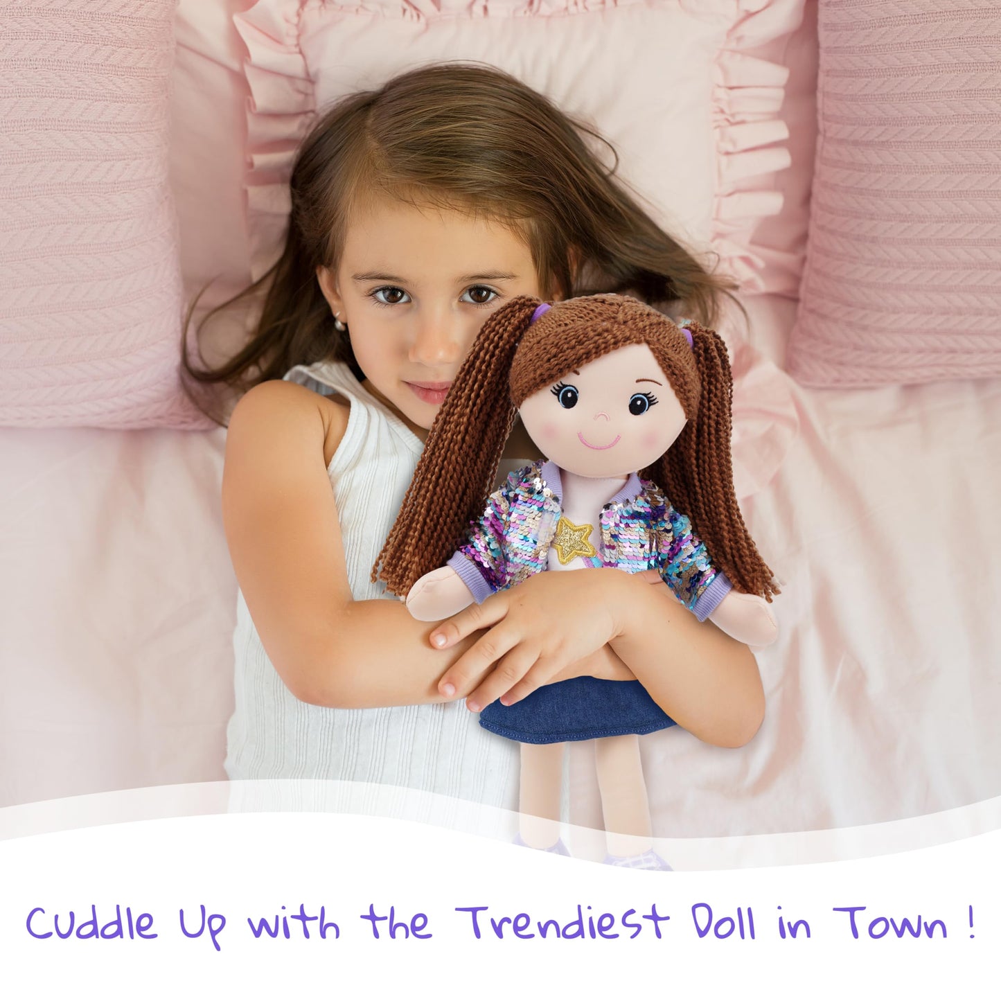 June Garden 18" Snuggle Cutie Sophie Glam - Soft Cuddly Plush Doll Gift for Girls - Huggable Rag Doll - Trendy Outfit L