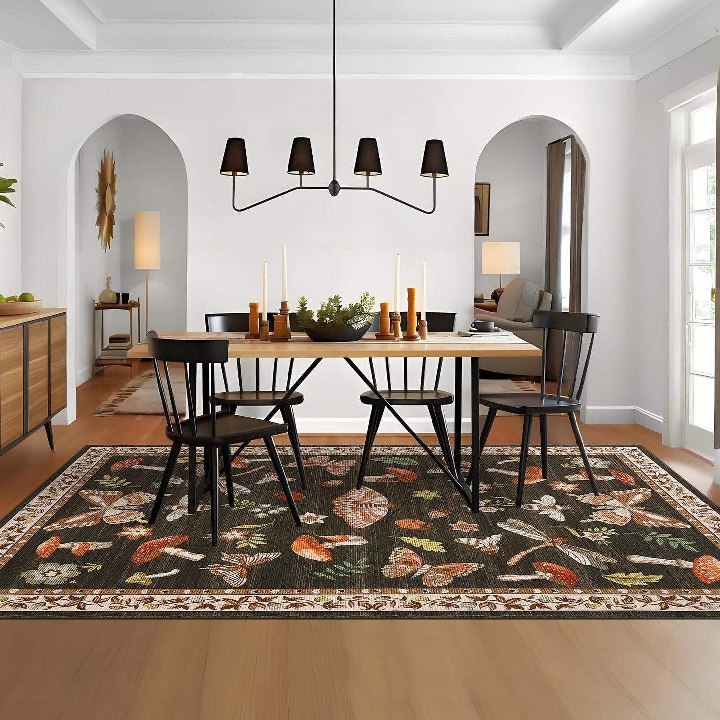 ROYHOME Mushroom Washable Rug 5x7 Area Rugs for Living Room, Insect Print Rug for Bedroom, Non Slip Throw Carpet with Rubber Back, Soft Low Pile Dining Room, Brown
