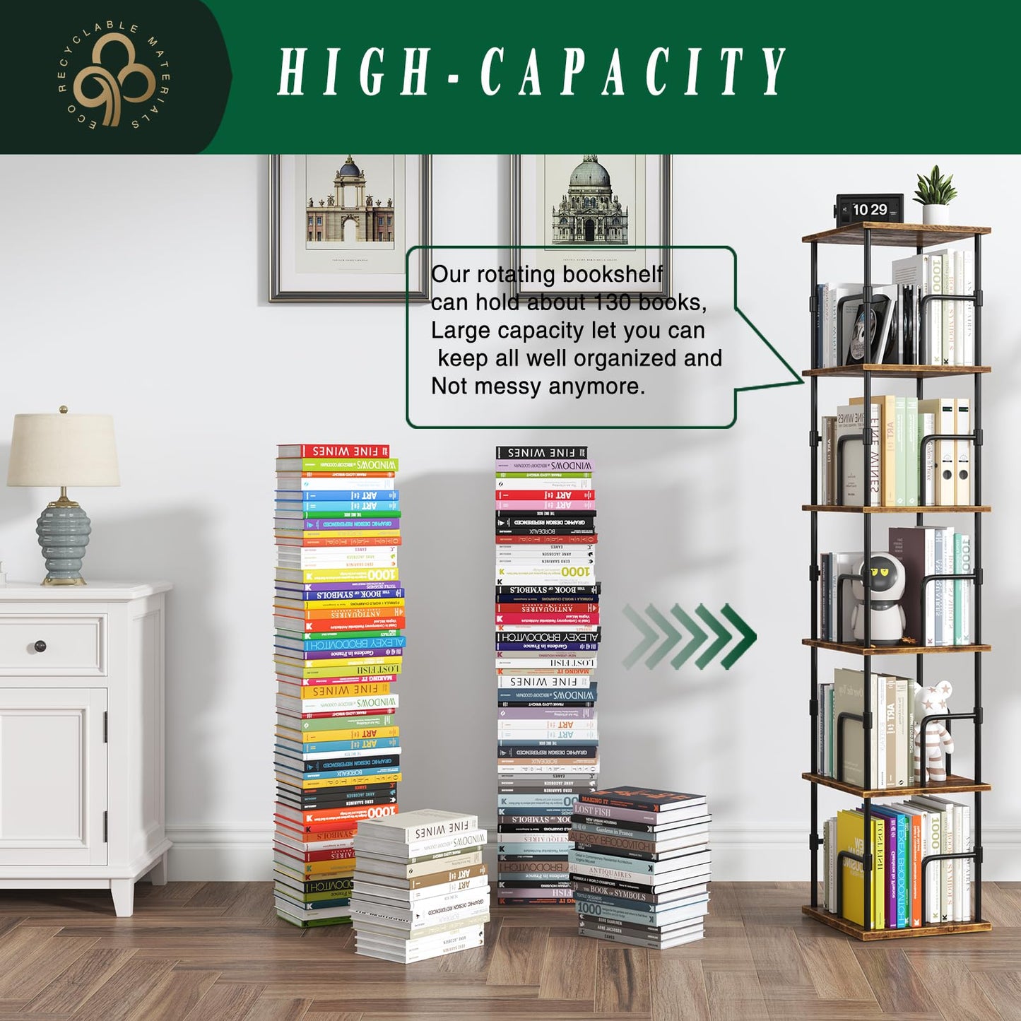 swlongbooks 5-Tier Rotating Bookshelf, Freestanding Corner Bookshelf, 360° Spinning Bookcase Industrial Style Storage Rack with Rails, for Living Room, Bedroom, Study