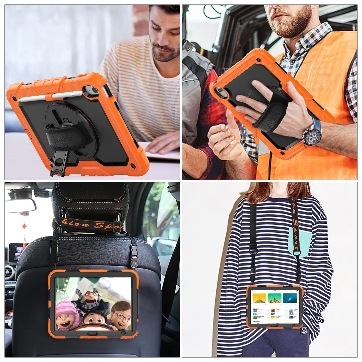 SEYMAC stock Case for iPad 10th Generation 10.9'', Full-Body Drop Protection Case with Screen Protector &360° Rotate Hand Strap/Stand, Black+Orange