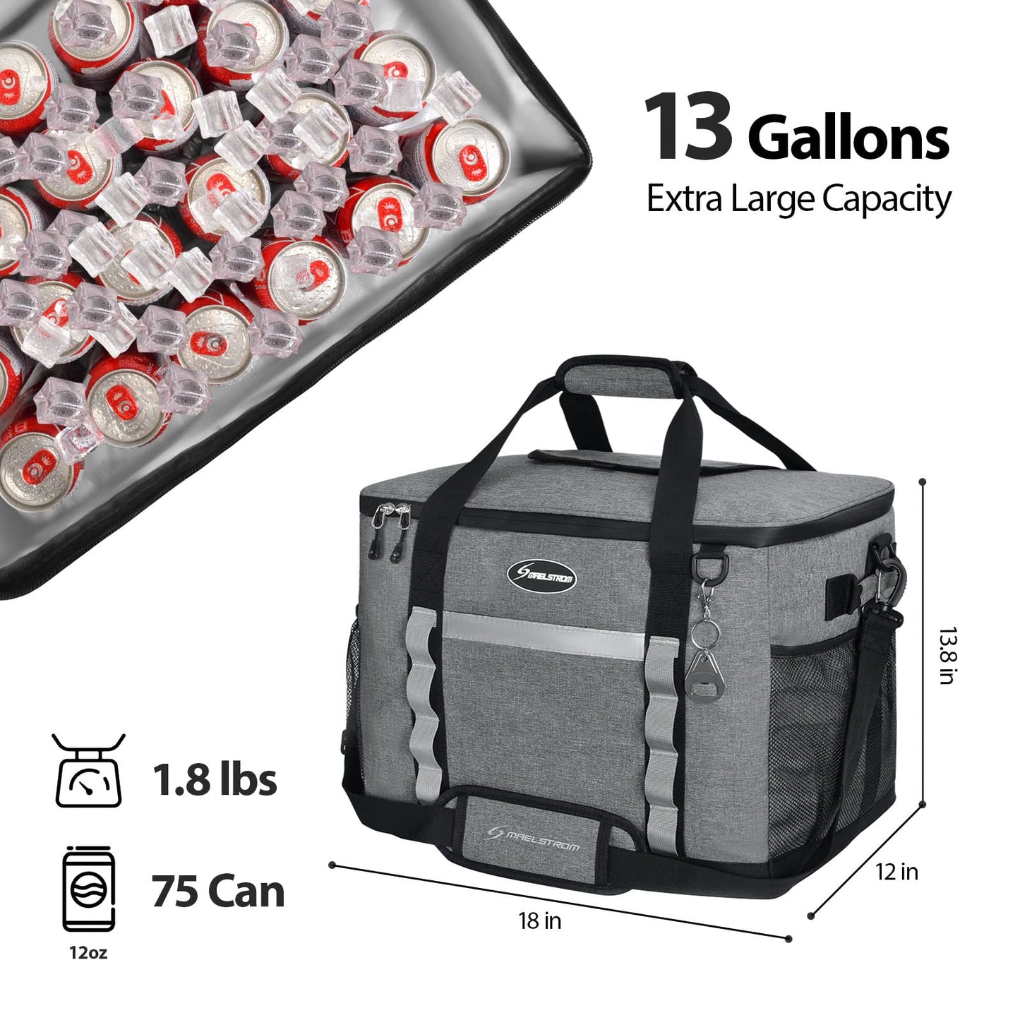 Maelstrom Collapsible Soft Cooler Bag,35/55/75 Cans Beach Cooler with Flip Top Lid, Ice Chest, Leakproof & Portable for Beach, Camping, Road Trips & Grocery Shopping (Grey, 75 Can)