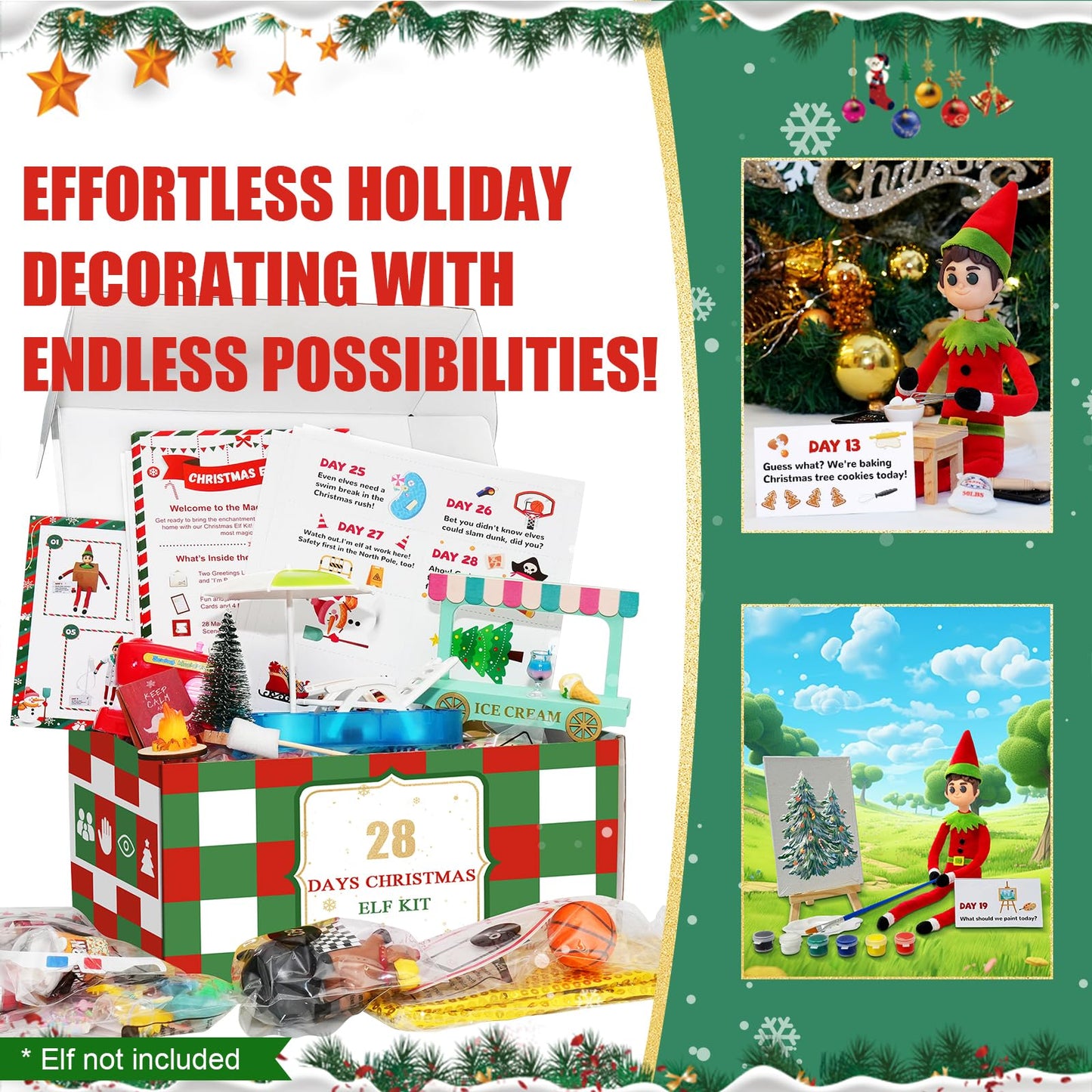 YFOMLLS 24-Day Christmas Elf Adventure Kit 2024 With Scenes Idea, Props & Accessories - Helper Box for 24 Days