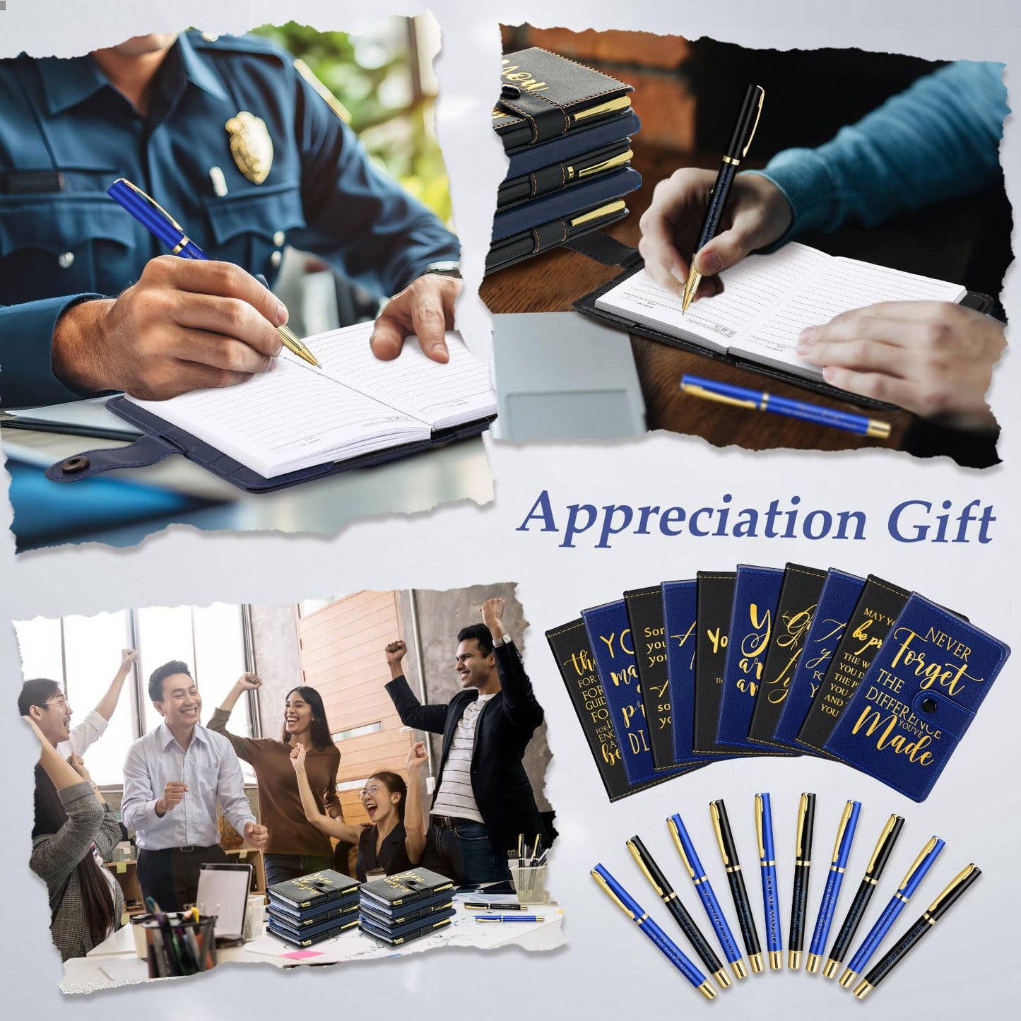 Dispowreath 20 Sets Thank You Leather Journal Notebook with Inspirational Ballpoint Pens Fathers Day Teacher Nurse Employee Gift for Police Officer Men Coworker Team (Black and Blue,Appreciation Sign)