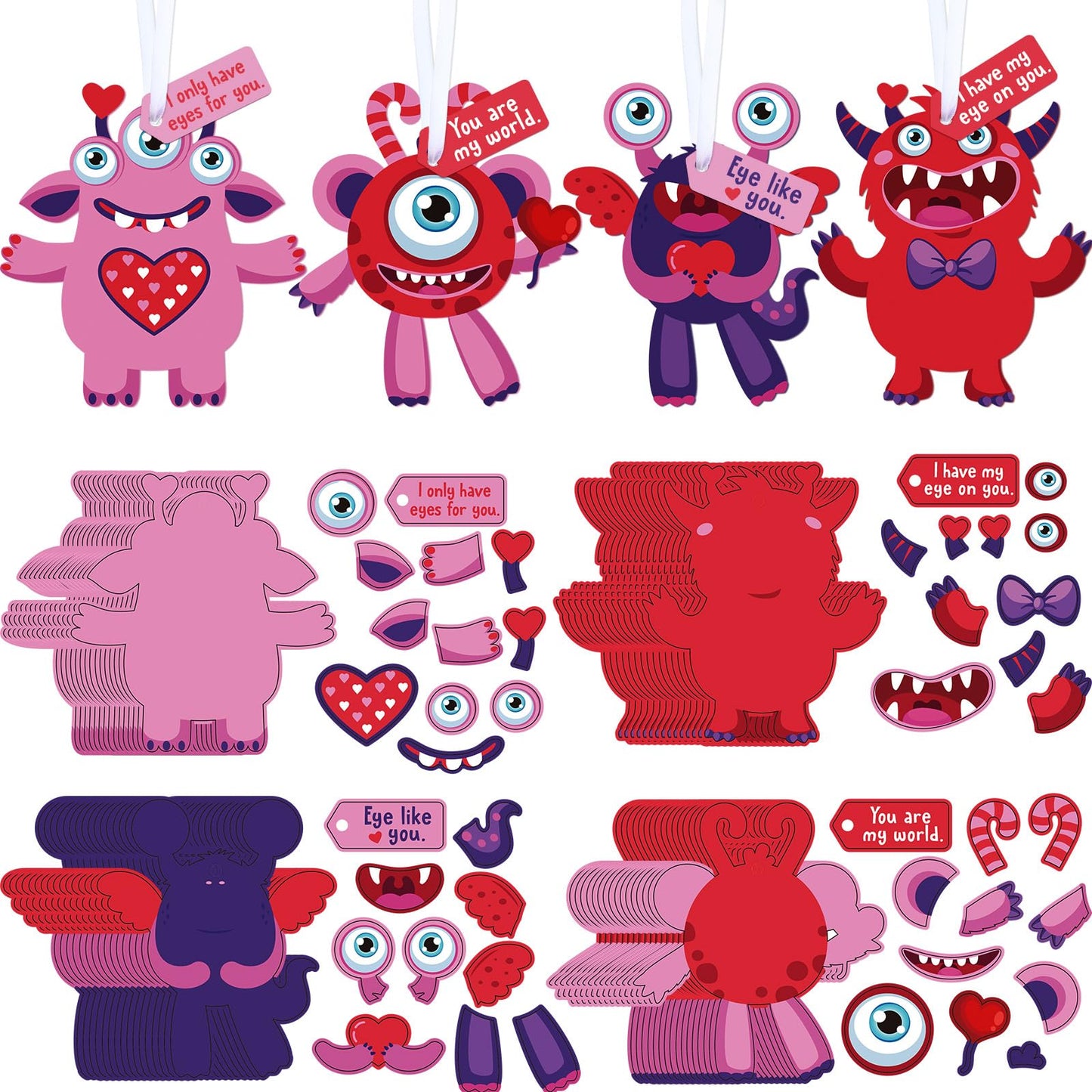 Sumind 60 Sets Valentine's Day Craft Kits DIY Ornament Valentine Game Activities Paper Craft Hanging Ornament for Valentines Day Decorations