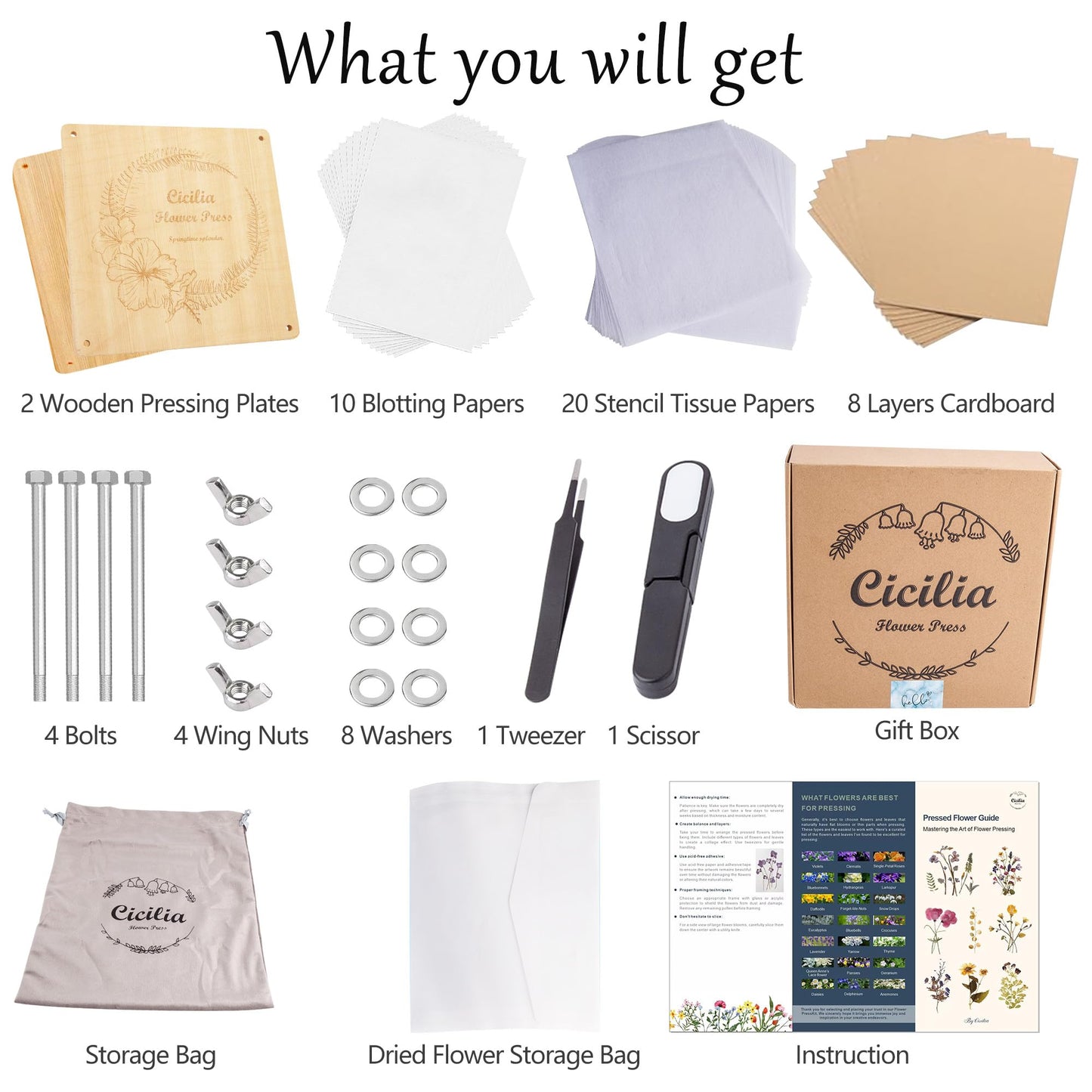 Cicilia Flower Press Kit,10.8" x 10.8" Large Wooden Flower Press, Flower Pressing Kit for Adults & Kids, Flower Drying kit, Flower Preservation kit, Ideal Gift for Flower & Plant Lovers