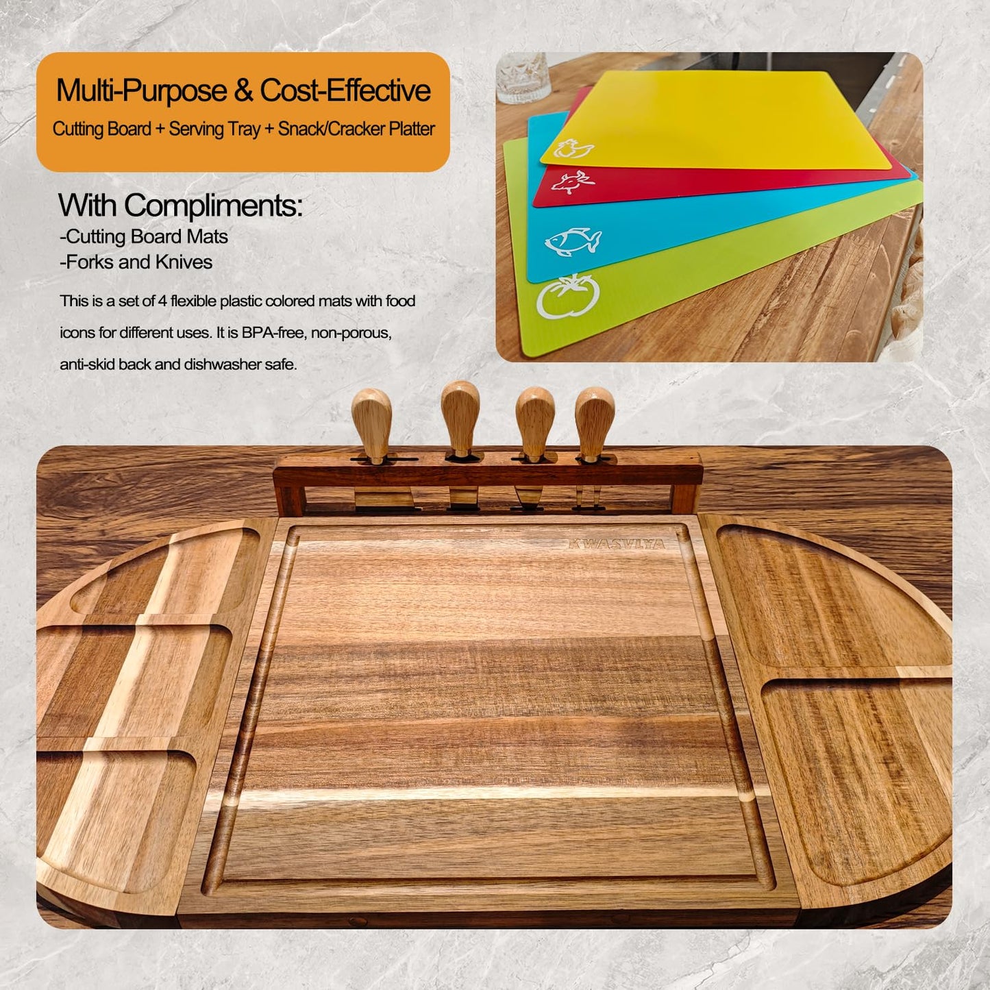 KWASVLYA Magnetic Charcuterie Board Set - Acacia Wood Serving Tray & Cutting Board with Modular Design, Juice Grooves, +4 Cutting Mats & Knives, 26x13 Inch, Gift for Home/Parties