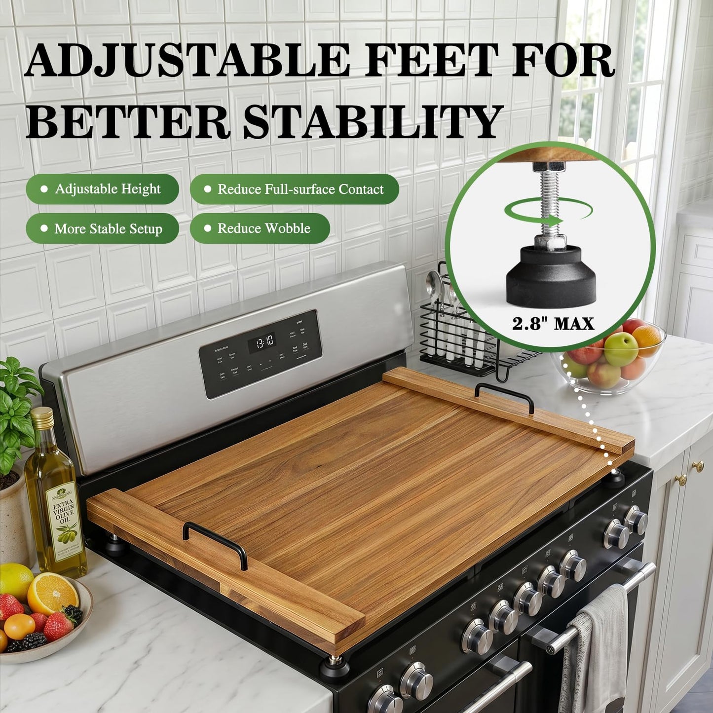 Noodle Board Stove Cover with 4 Adjustable Feet, 30" x 22" Acacia Wood Stove Top Cover for Gas Stove, Electric & Induction - Extra Counter Space, Serving Tray & Charcuterie Board for RV& Kitchen