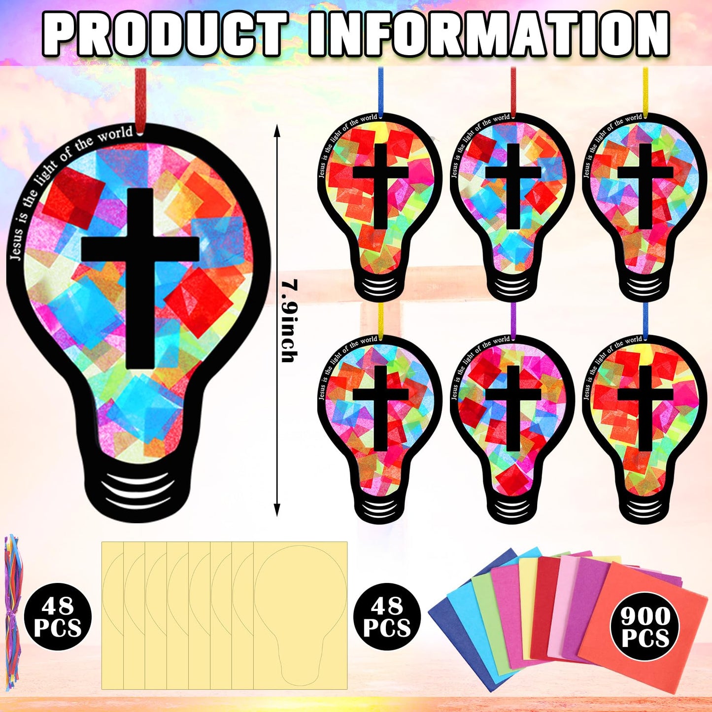 Eaasty Rainbow Light Bulb 48 Sets 2026 Vbs DIY Jesus Light Craft Kit, Illumination Themed Christian Suncatcher Cross Stained Glass Art for Easter Sunday School Back to School Activities