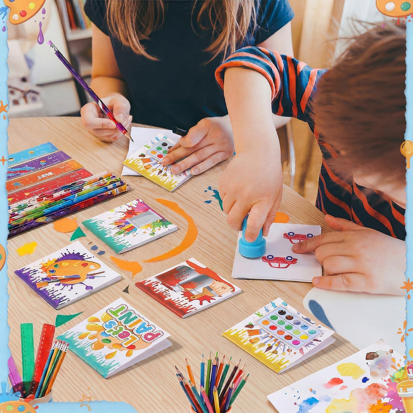 Pajean 168 Pcs Art Paint Party Favors Decorations – 24 Set Art Mini Notebooks Notepads, Pencils, Stamps, Large Stickers Stationery Paint Splatter Birthday Party Favors Supplies Artist Goodie Bag Gift