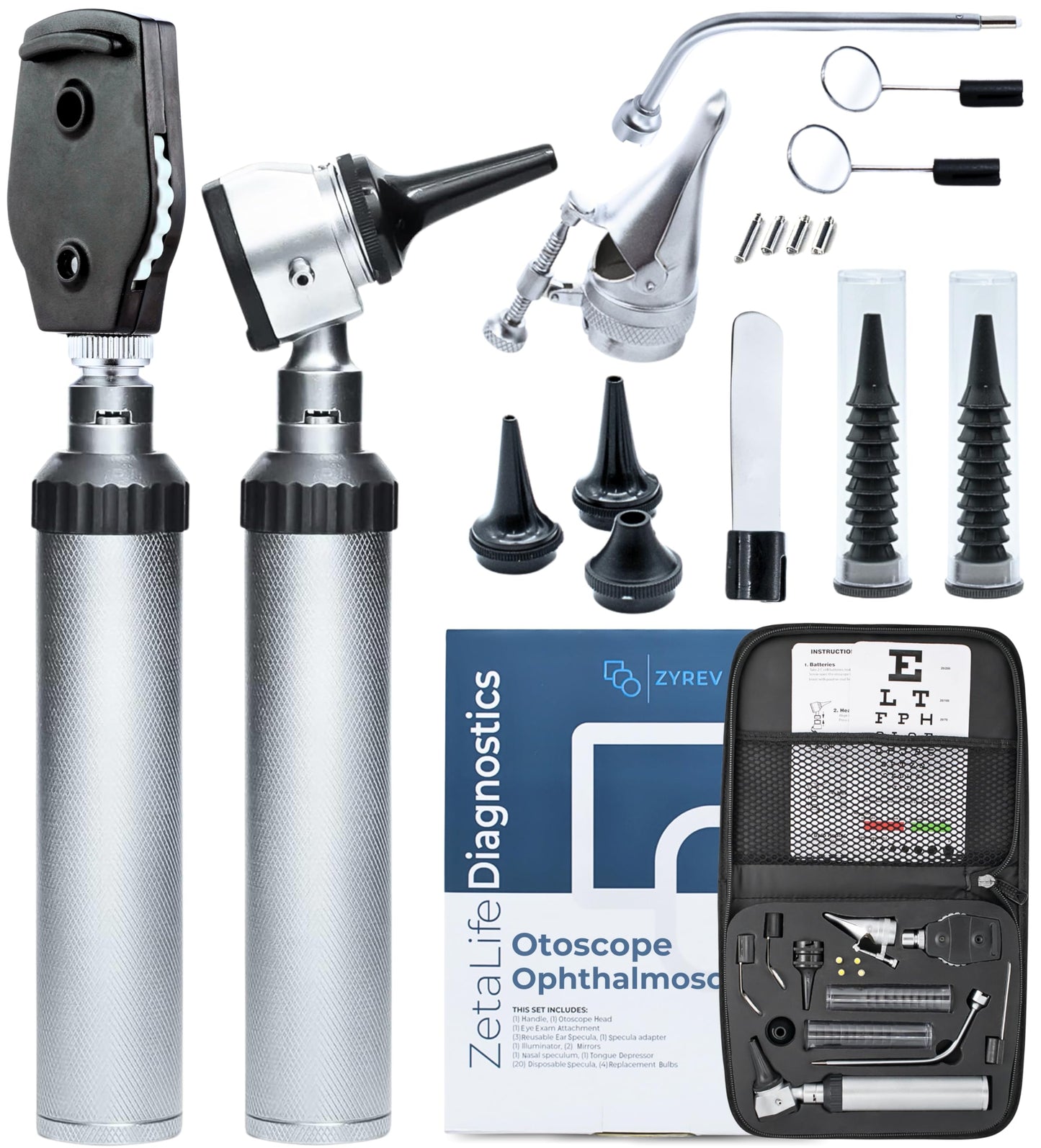 Zyrev Otoscope Oph Diagnostic Set - 36 Piece Medical and Nursing Student Otoscope/Opthalmoscope Diagnostic Kit - with Leather Case for Educational and Professional Settings (Regular)